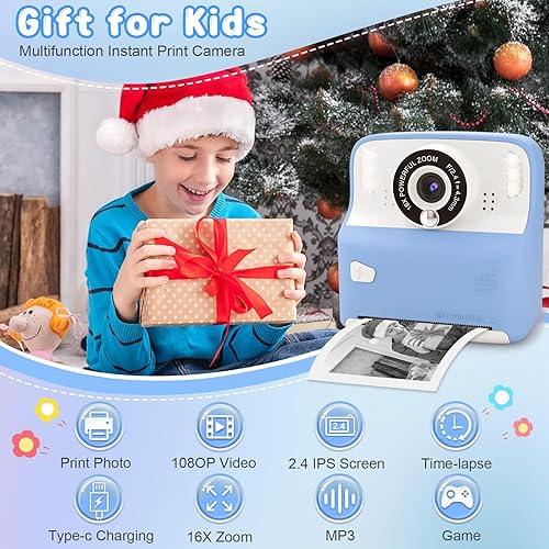 Miniatura 2 de Amzelas Cámara para niños con impresión instantánea, fotos de Navidad, regalos de cumpleaños para niños y niñas de 3 a 12 años, cámaras de video