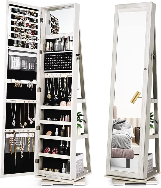 Multigot 3-in-1 Floor Mirror, Full Length Dressing Mirror with Lockable Jewellery Cabinet, Free Standing Large Rectangle Mirror for Earring Ring Necklace Cosmetics (360° Swivel White)