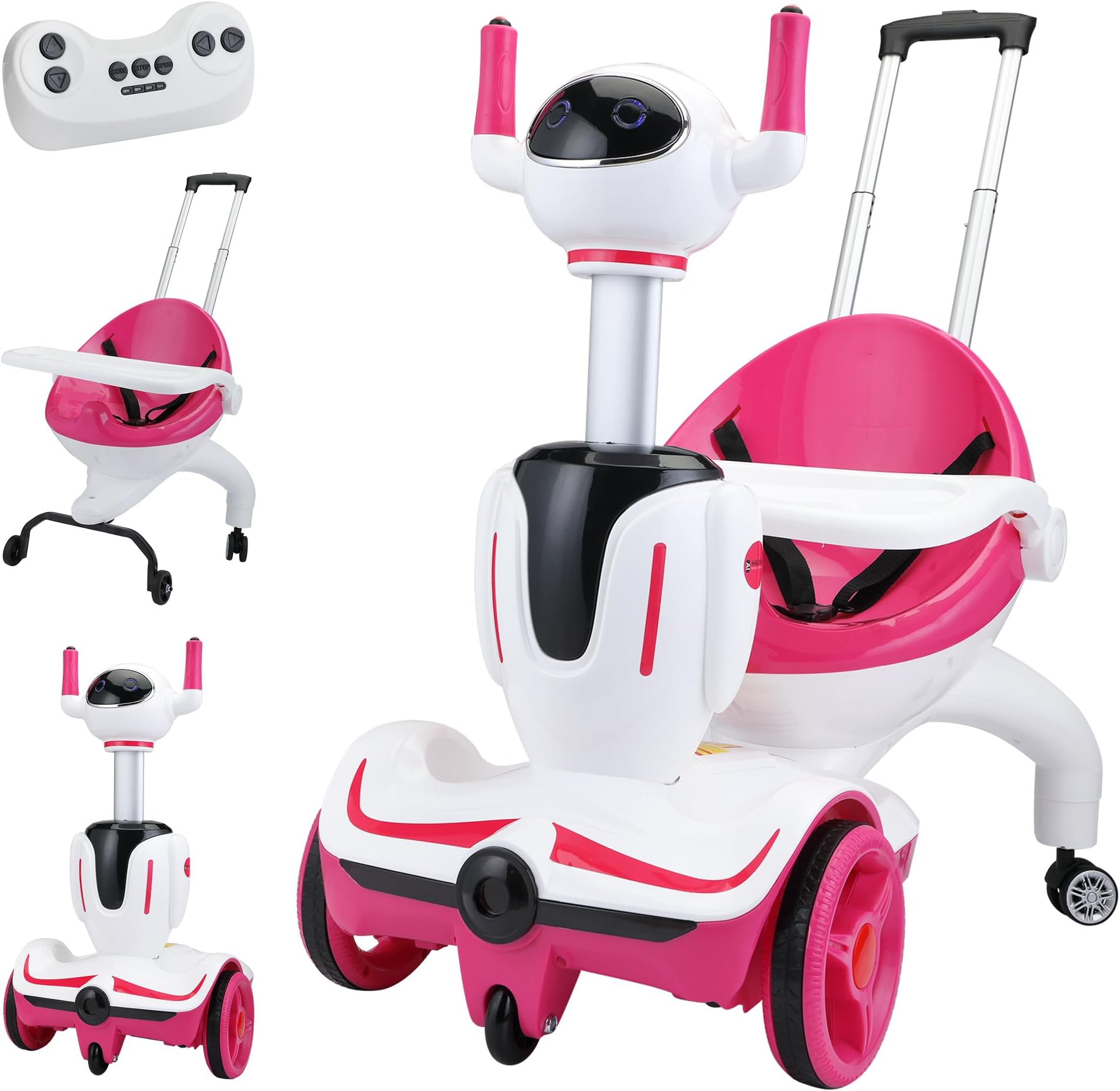 TOBBI Kids 3-IN-1 Electric Robot Buggy, Toddler Ride On Car & Scooter with Remote Control, Speed Adjustment & Emergency Stop - 3 Functions of Electric Car, Robot Scooter & Push Buggy - Pink White