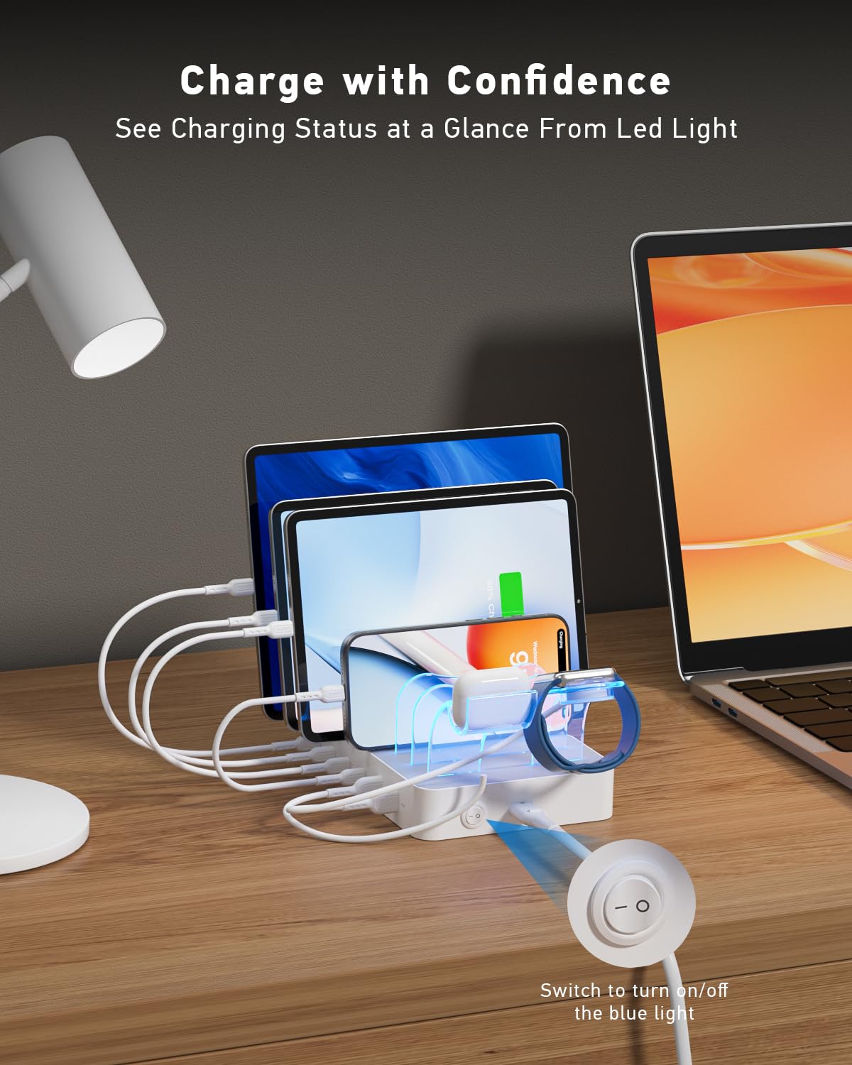 SooPii 90W USB C Ladestation für mehrere Geräte mit 6 Nylon Kurzen Kabels | 6-Port Multi Ladestationen mit PD 20W Ladedock für lPhone, Galaxy, iPad, Tablet und weitere elektronische Geräte,Weiß