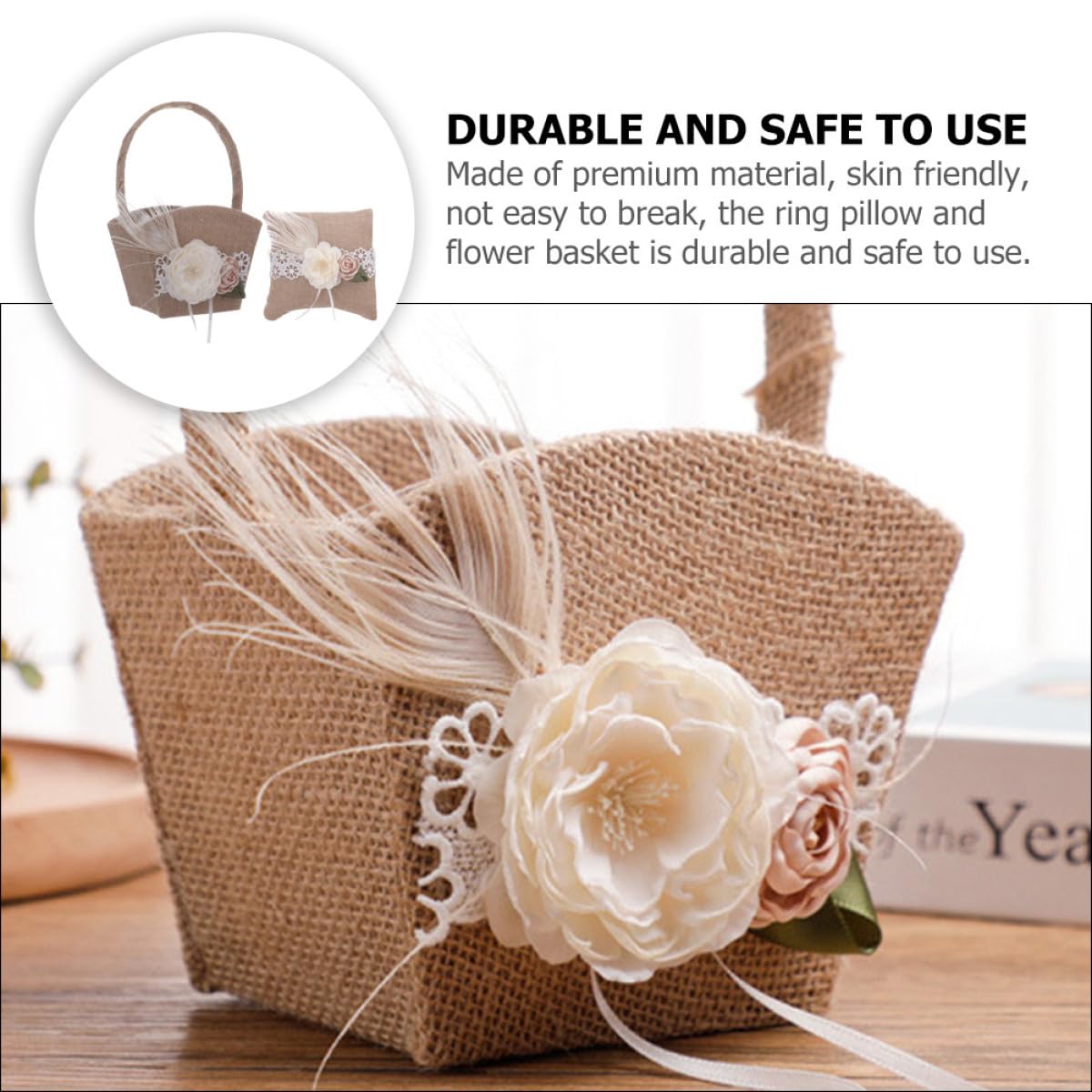 Artibetter Panier de Demoiselle D'honneur Rustique en Lin Ensemble de Mariage Coussin Annulaire et Décoré de Fleurs Artificielles pour Cérémonie de Fiançailles