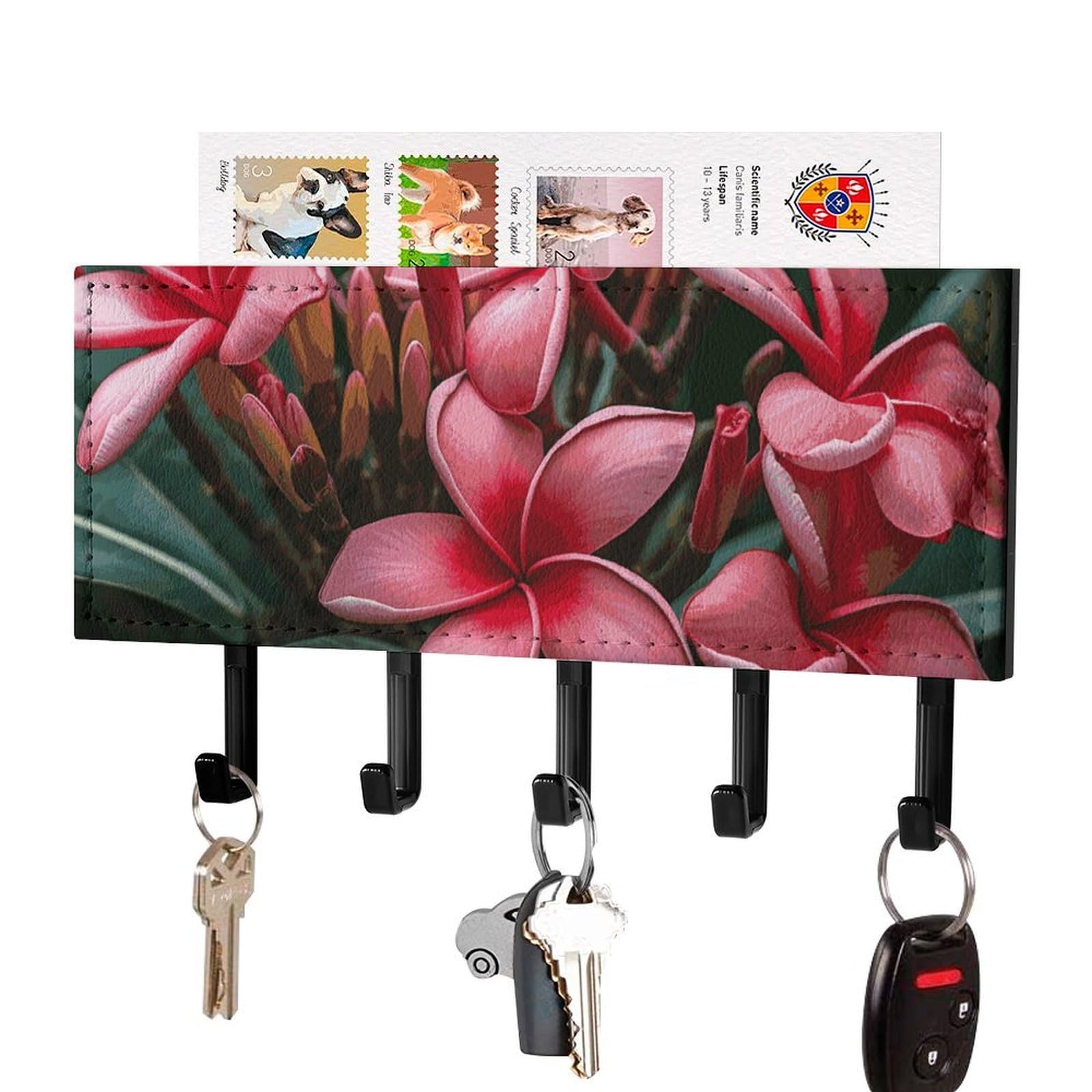 DWVTSLH Plumeria Key Holder for Wall, Decorative Key Hooks with Mail Organizer & 5 Hooks, Self Adhesive Leather Key Hanger for Entryway, Wall Mounted Key Rack (7.1” X 4.3” X 0.9”)