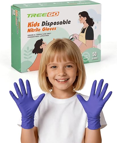TREEGO Lavender Kids Nitrile Disposable Gloves XS 50 Count for Ages 4–8, Food Safe, Latex & Powder Free, Kids Gloves for Sensory Play, Arts & Crafts, STEM Activities, Baking & Creative Learning