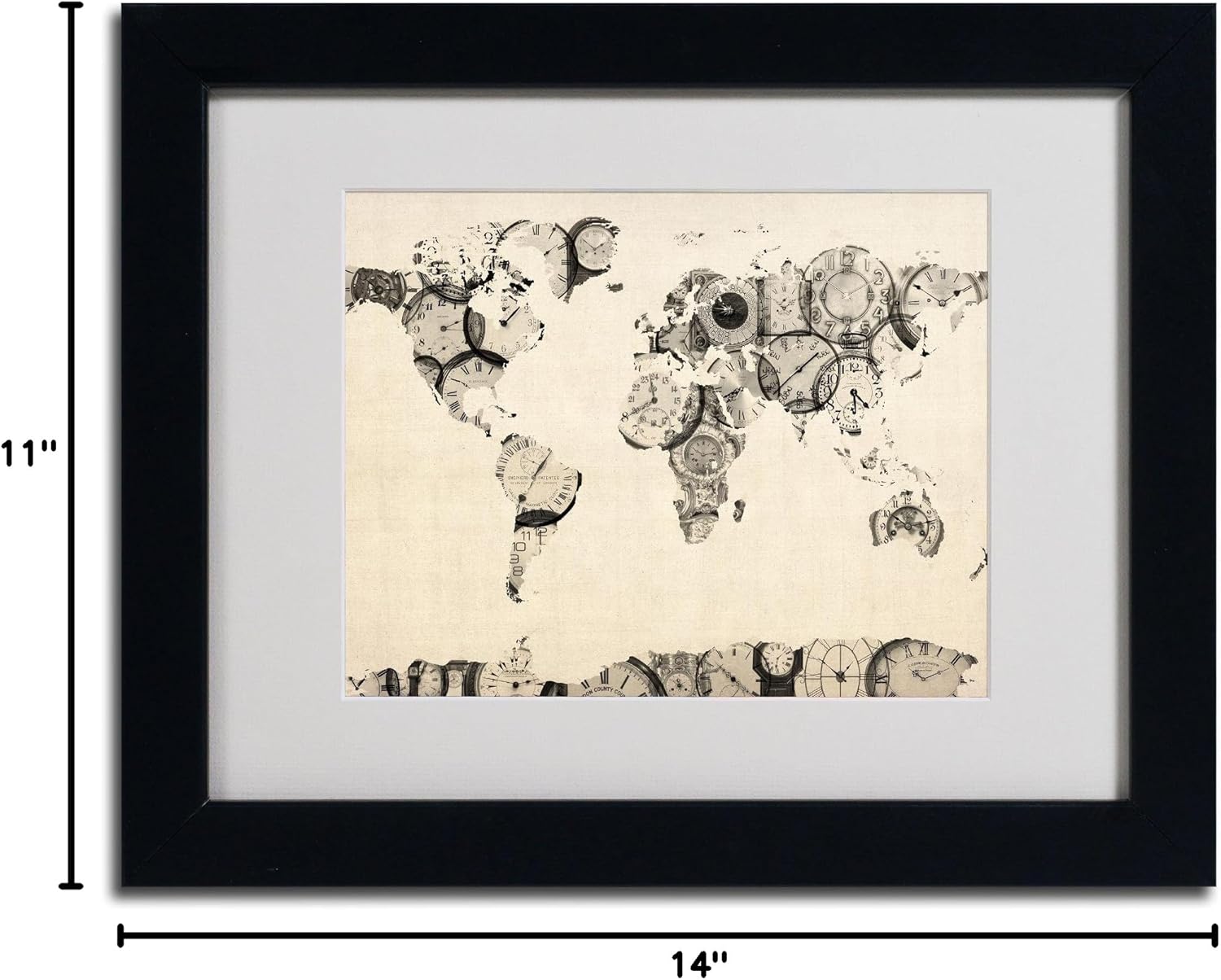 Trademark Fine Art Old Clocks World Map Artwork by Michael Tompsett in Black Frame, 11 by 14-Inch