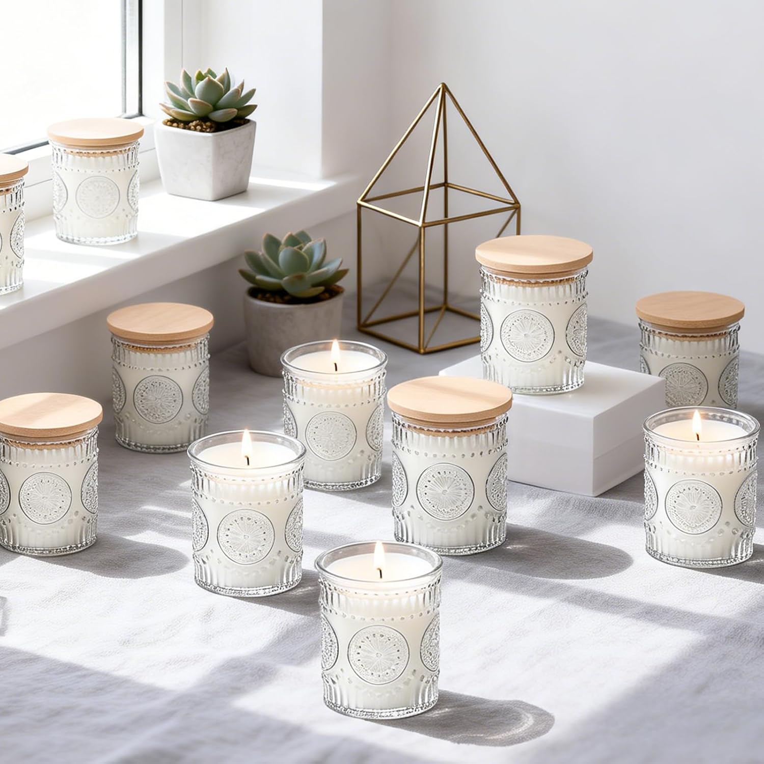 Vanilla Scented Candles 12 Pack, 7.5oz Embossed Clear Glass Jar Candle, Natural Soy Wax Aromatherapy Candle for Home Decor, Wedding, Spa & Gifts