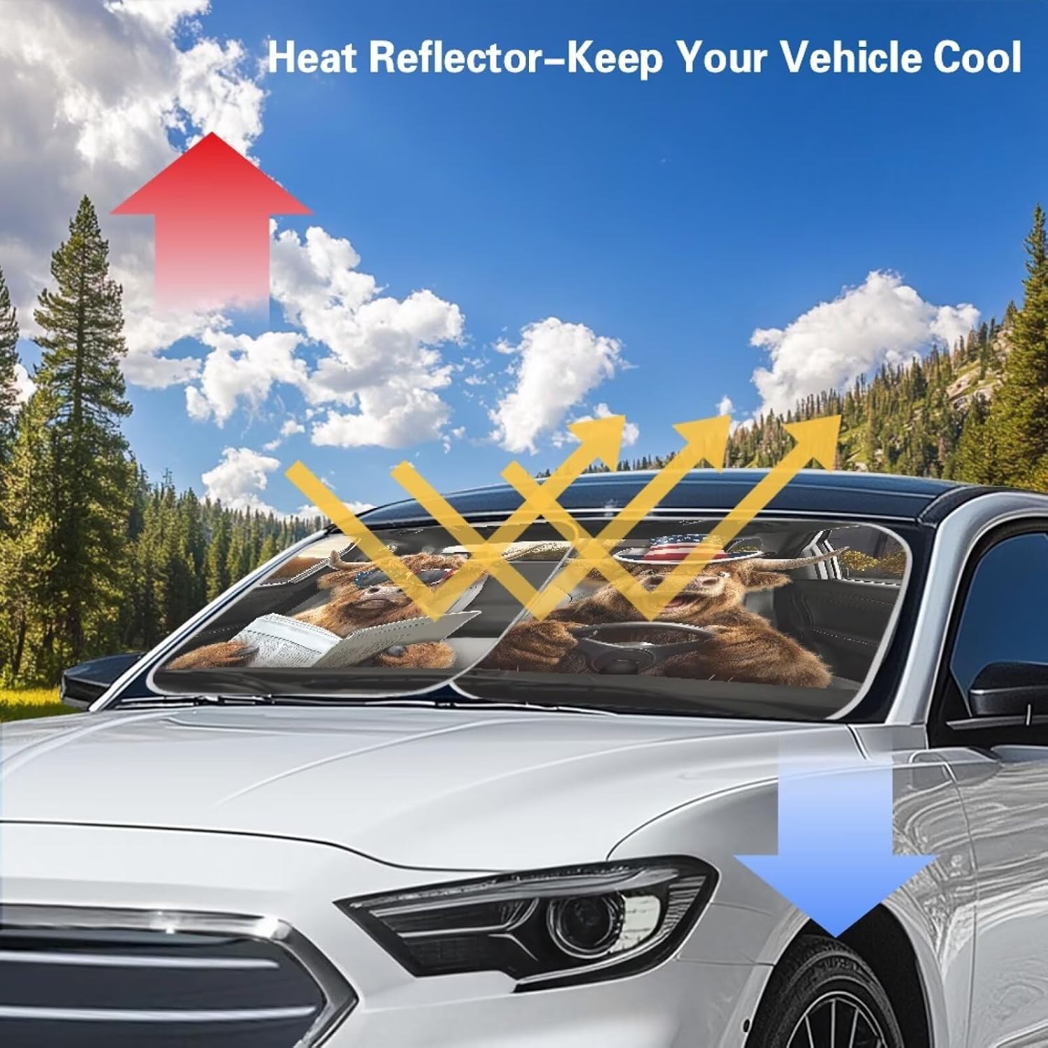 Funny Highland Cow Car Windshield Sun Shade Animal Highland Cow Car Accessories Set of 2 Piece Foldable Auto Front Window Sunshade Sun Blocker Visor Protector for Most Cars,Sedans,Suvs,Trucks image 4