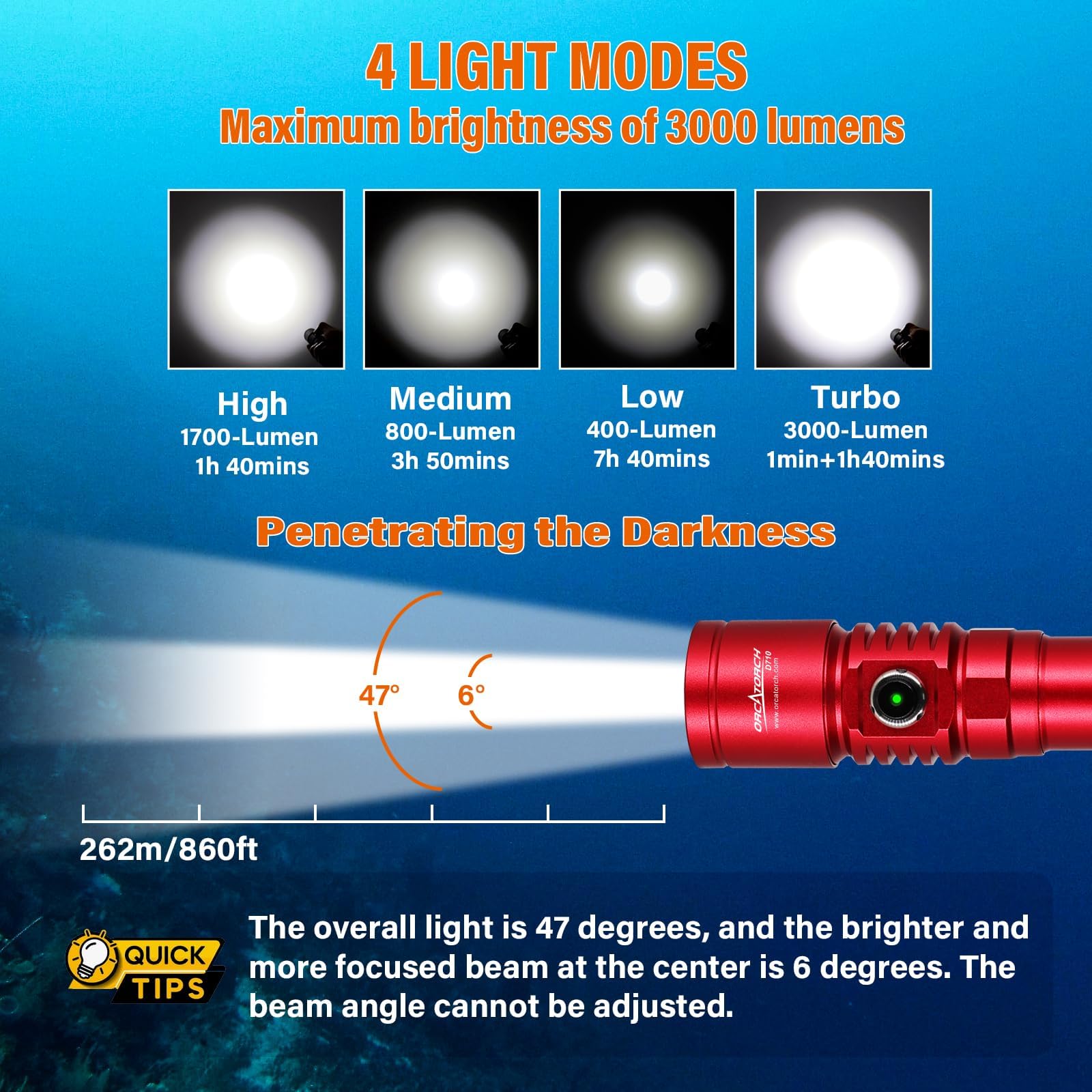 ORCATORCH D710 Scuba Diving Light, 3000 Lumens Super Bright Underwater Flashlight with 6 Degrees Narrow Beam, IP68 Waterproof Night Dive Torch 150 Meters Submersible Light (Red)