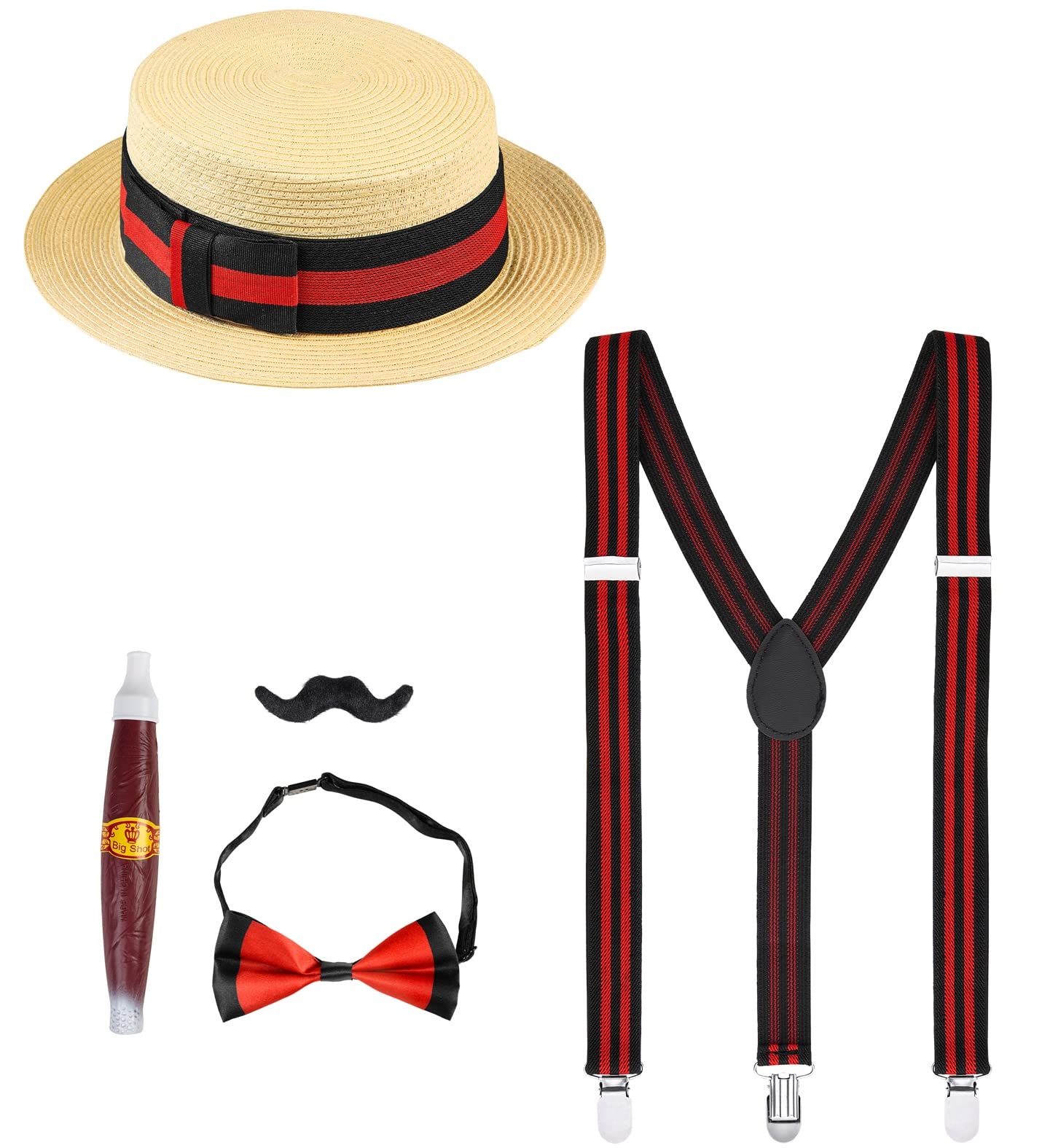 Dreamzfit Men's Multicoloured 1920S Gangster Costume Set - Al Capone Boater Hat, Suspenders, Bow Tie, Cigar & Fake Moustache For Roaring 20S, Great Gatsby, Peaky Blinders Fancy Dress Party Kit