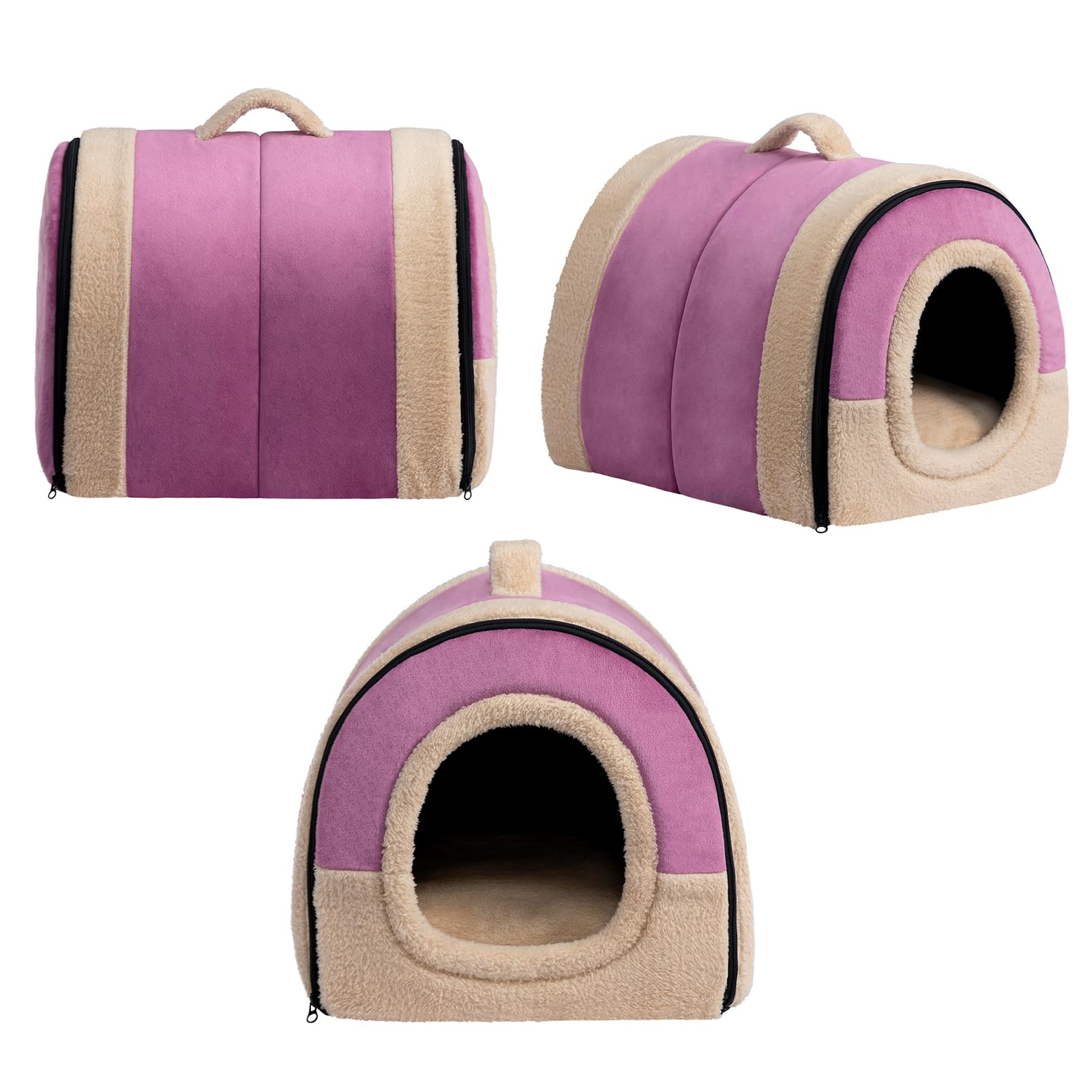 Hollypet Katzenbett Kleines Hundebett, 2-in-1 Faltbare Haustierbett für Katzen & Kleine Hunde, Warmes Höhlennest Kristallsamt-Katzenhöhle Indoor Outdoor, Lila