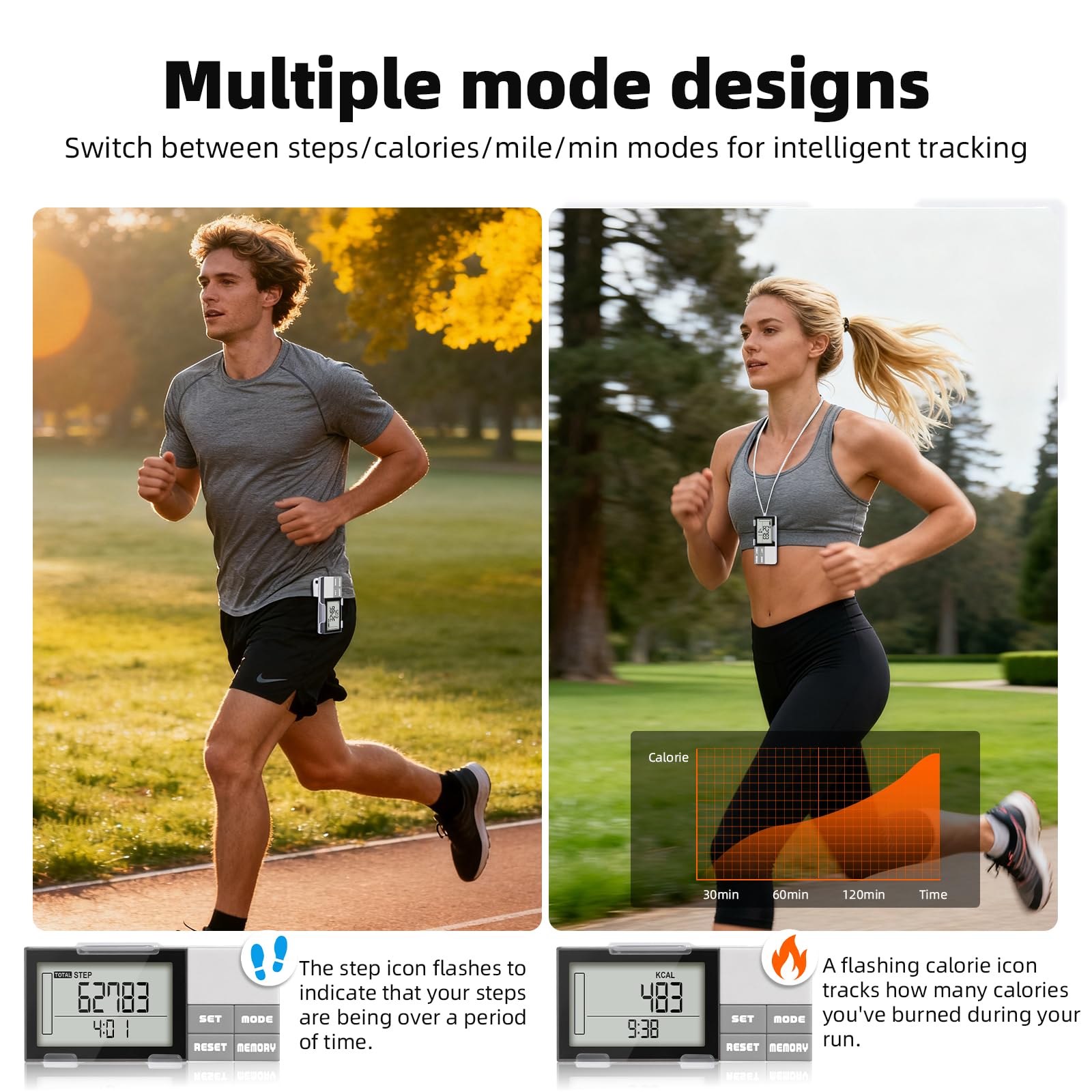Podomètre pour marcher des pas et des kilomètres, podomètre 3D simple pour la marche, compteur de pas précis et suivi de pas avec clip/cordon, suivi des pas, des kilomètres et des calories, grand