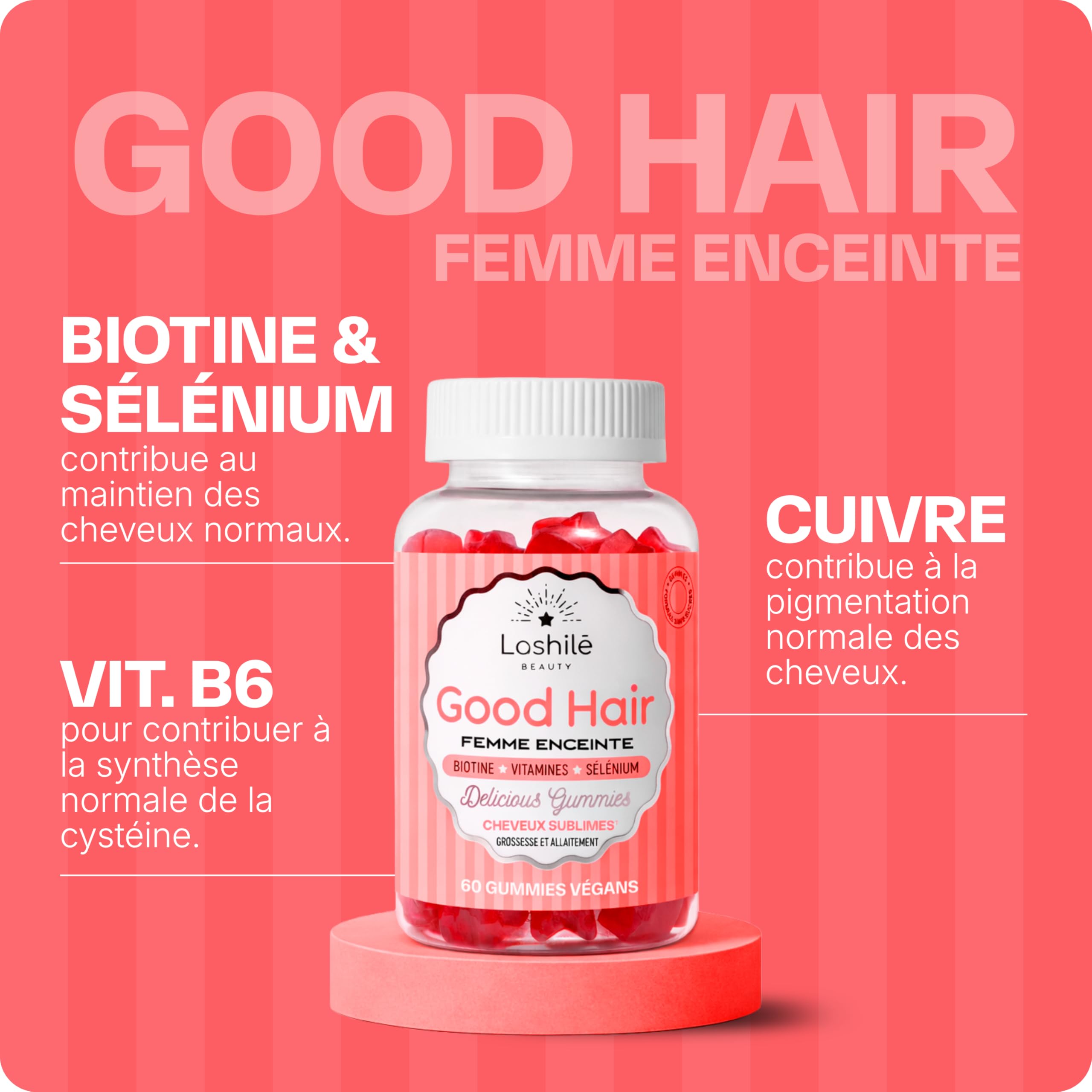 Lashilé Beauty - Gummies Cheveux Femme Enceinte - Pousse Croissance & Fortification capillaire - Complément Alimentaire Cheveux - Good Hair Femme Enceinte - Biotine Zinc B6 - Cure 3 Mois 180 Gummies