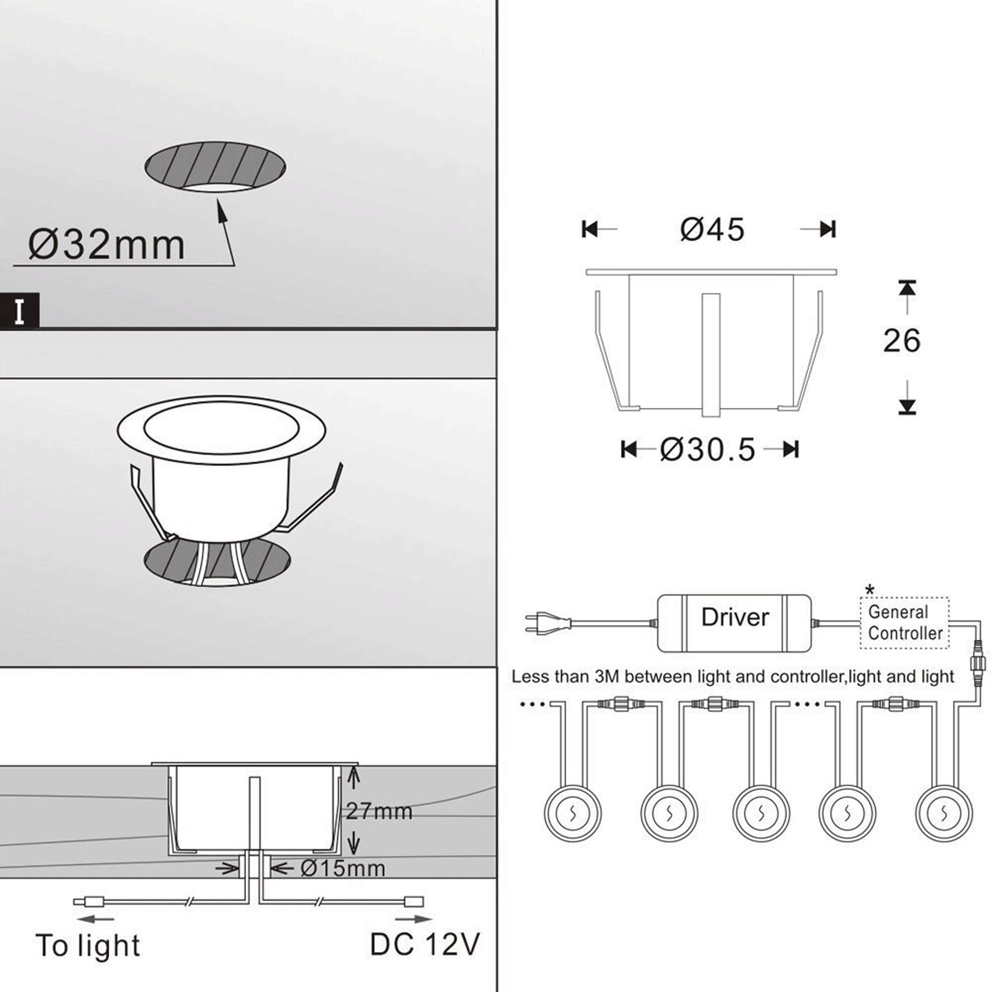Spot, LED, 12 V, 45 mm, Beleuchtung für Außen, Dekoration, Deckenleuchte, Terrasse, wasserdicht, Metall Kunststoff, Warmweiß, 45mm,10pcs 12.00 volts