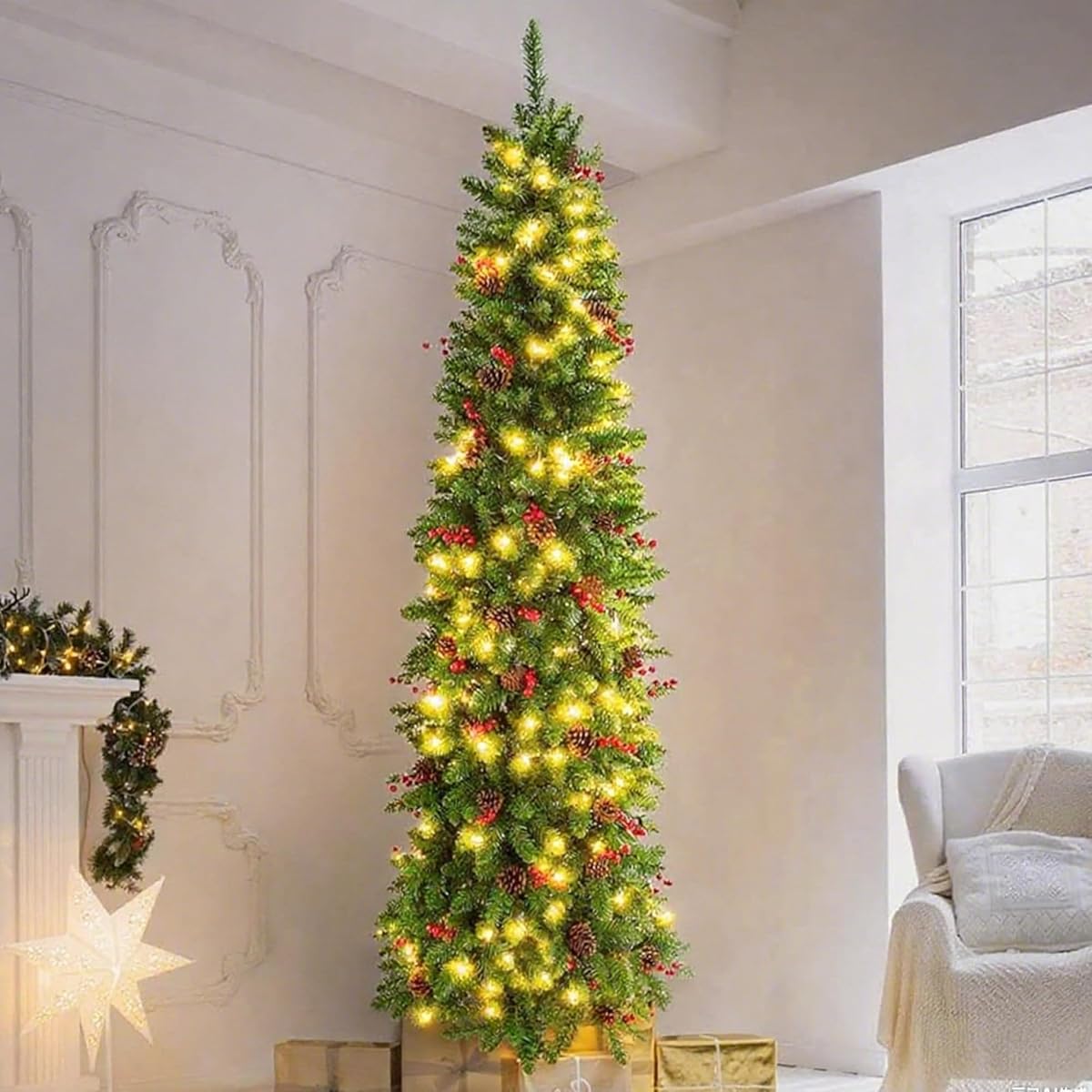 9FT Pre-lit Slim Artificial Christmas Pine Tree with 500 Clear Lights and Metal Foldable Stand for Holiday Decor, Hinged (1450 Thicken Tips)