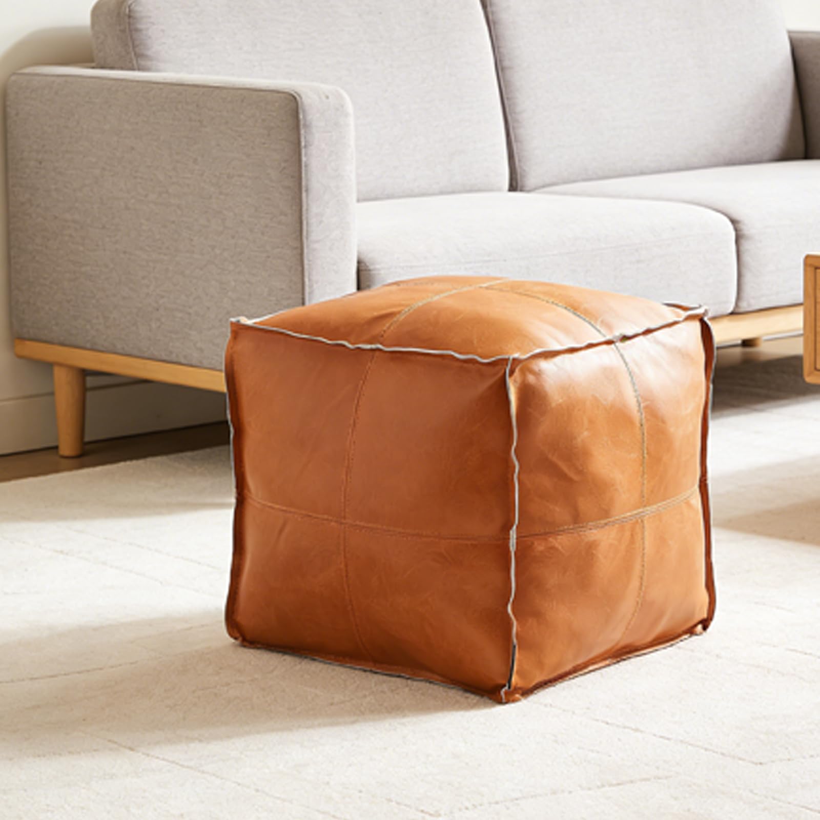 Pouf Ottoman, Unstuffed Pouf Cover, Handmade Faux PU Leather Moroccan, Orange Brown 17.7" Square, Foot Rest for Living Room, Floor Chair Gifts for Men Women, (Only Cover)-image-34