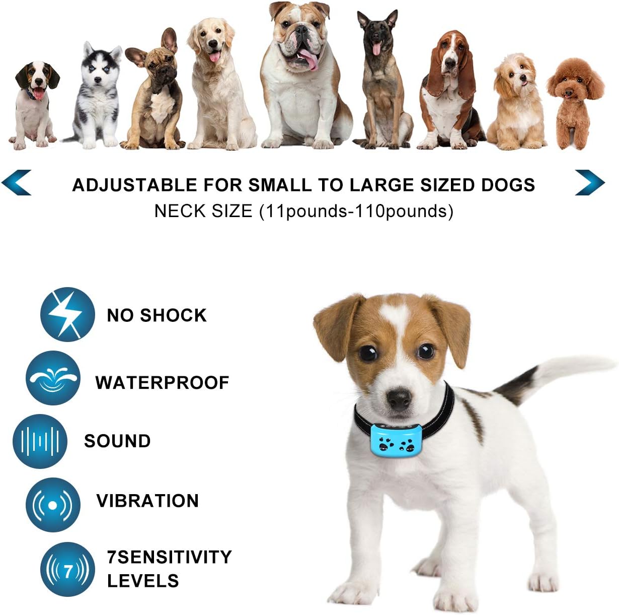 Dog Bark Collar, Anti Barking Collar with 5 Adjustable Levels, Harmless Shock, Beep Vibration, Smart Correction and LED Indicator-Reachargeable No Bark Collar for Small Medium Large Dogs,Waterproof