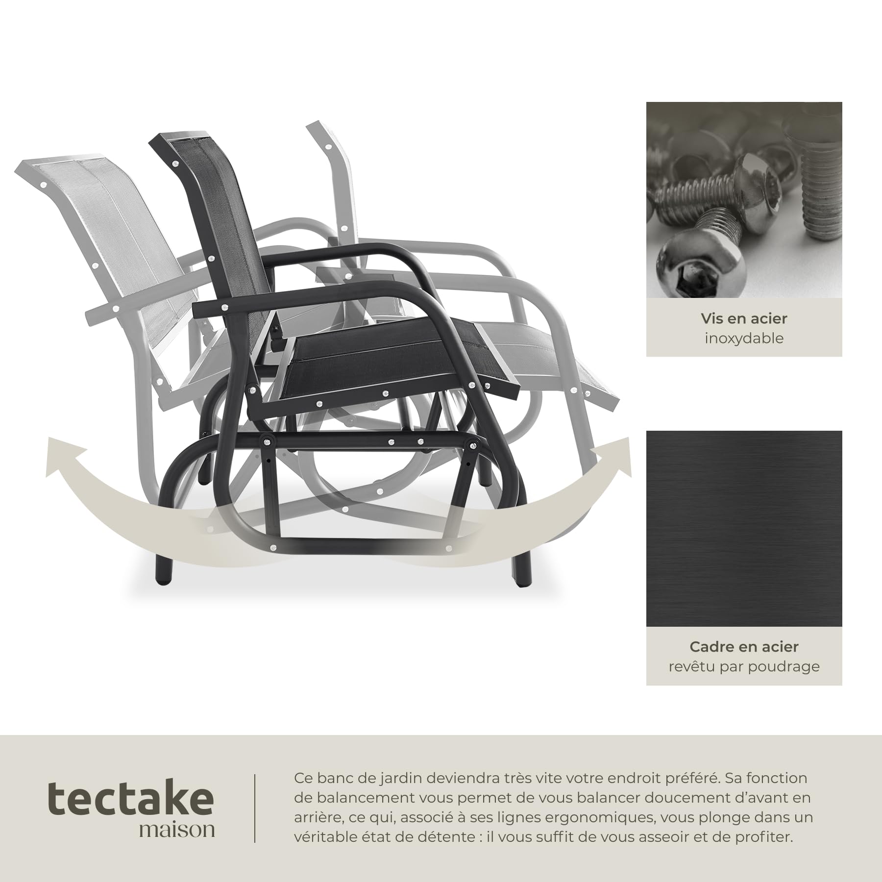 tectake® Banc de Jardin à Bascule 2 Places Solide en Acier lâqué époxy Noir, Balancelle Banquette de Jardin Résistant aux intempéries, Mobilier Amenagement Balcon Terrasse Veranda Pergola