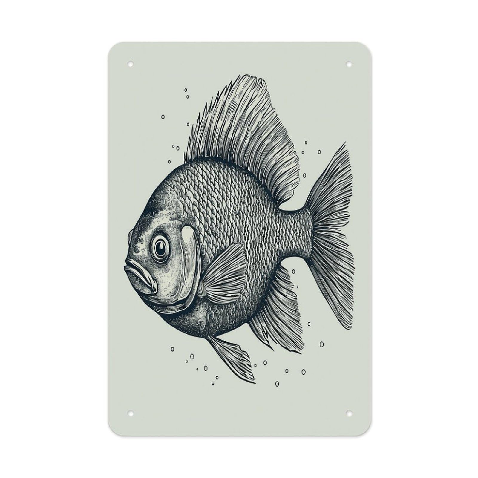 Btcowzrv Style Hand Drawn Small Fish Metal Tin Sign Wall Decor Hanging Plaque