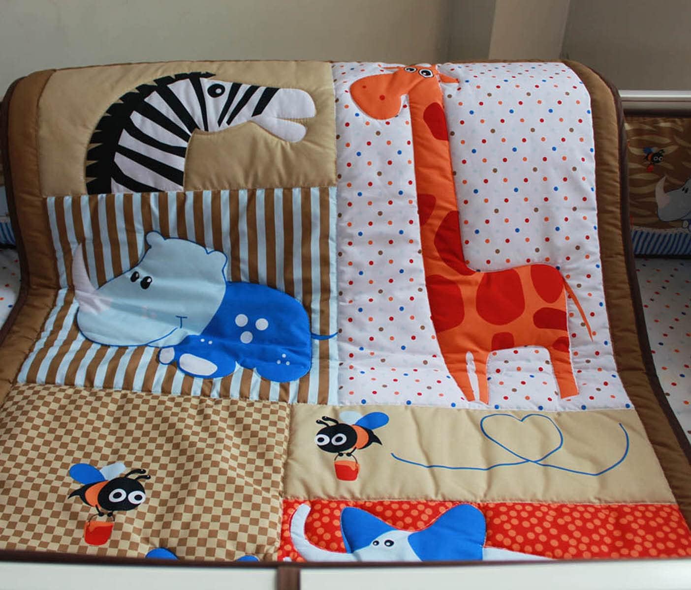 3 PCs Brown Elephant Giraffe Hippo Nursery Crib Bedding Set Quilt Fitted Sheet Skirt