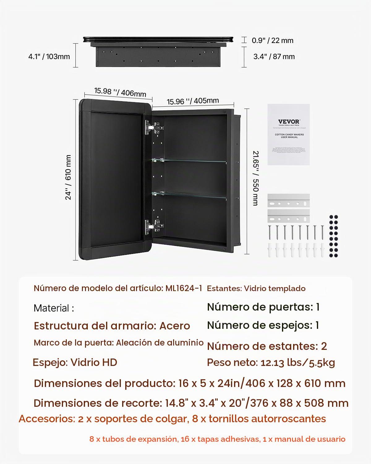 VEVOR Botiquín con Espejo para Baño con Puerta de Espejo y Estantes de Vidrio Ajustables, Instalación Empotrada y Montada en Pared, Marco Aluminio, Organizador de Almacenamiento, 406 x 128 x 610 mm