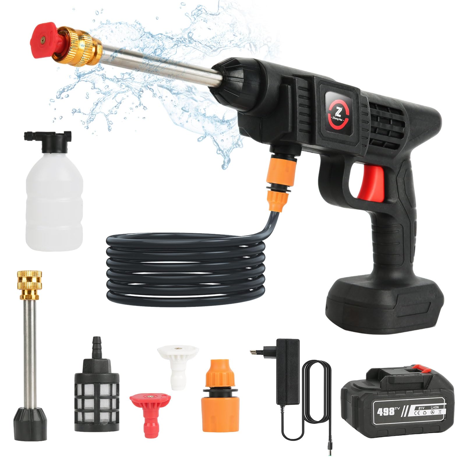 Hidrolimpiadora de Alta Presion, MAX 35 Bar Hidrolimpiadora Batería, Pistola de Agua a Presión con Batería 12,0 Ah, para Limpiar Coche, Jardín, Terraza, y Exteriores, Press & Clean Pistola Lavado