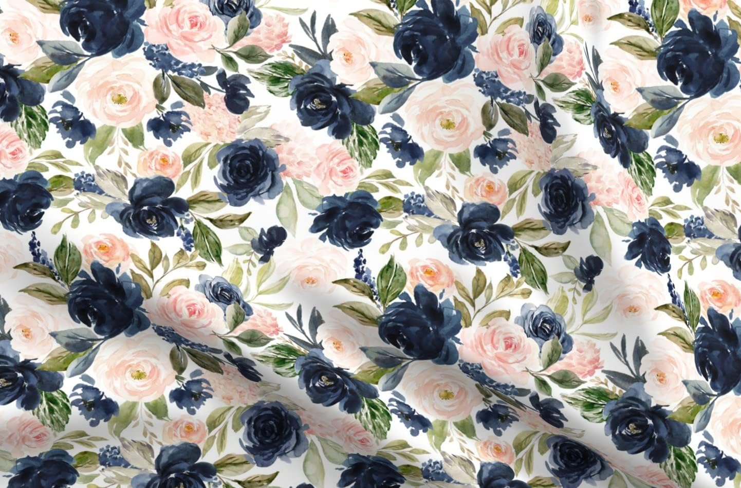 Spoonflower Fabric - Beach Blossoms White Flowers Floral Rose Navy Spring Roses Blush Printed on Satin Fabric Fat Quarter - Sewing Lining Apparel Fashion Blankets Decor