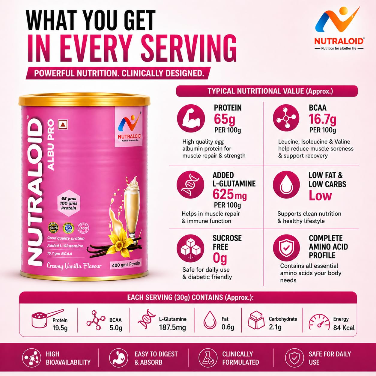 Nutraloid Albu Pro Egg White Protein Powder, Vanilla Flavour, 400 g 4