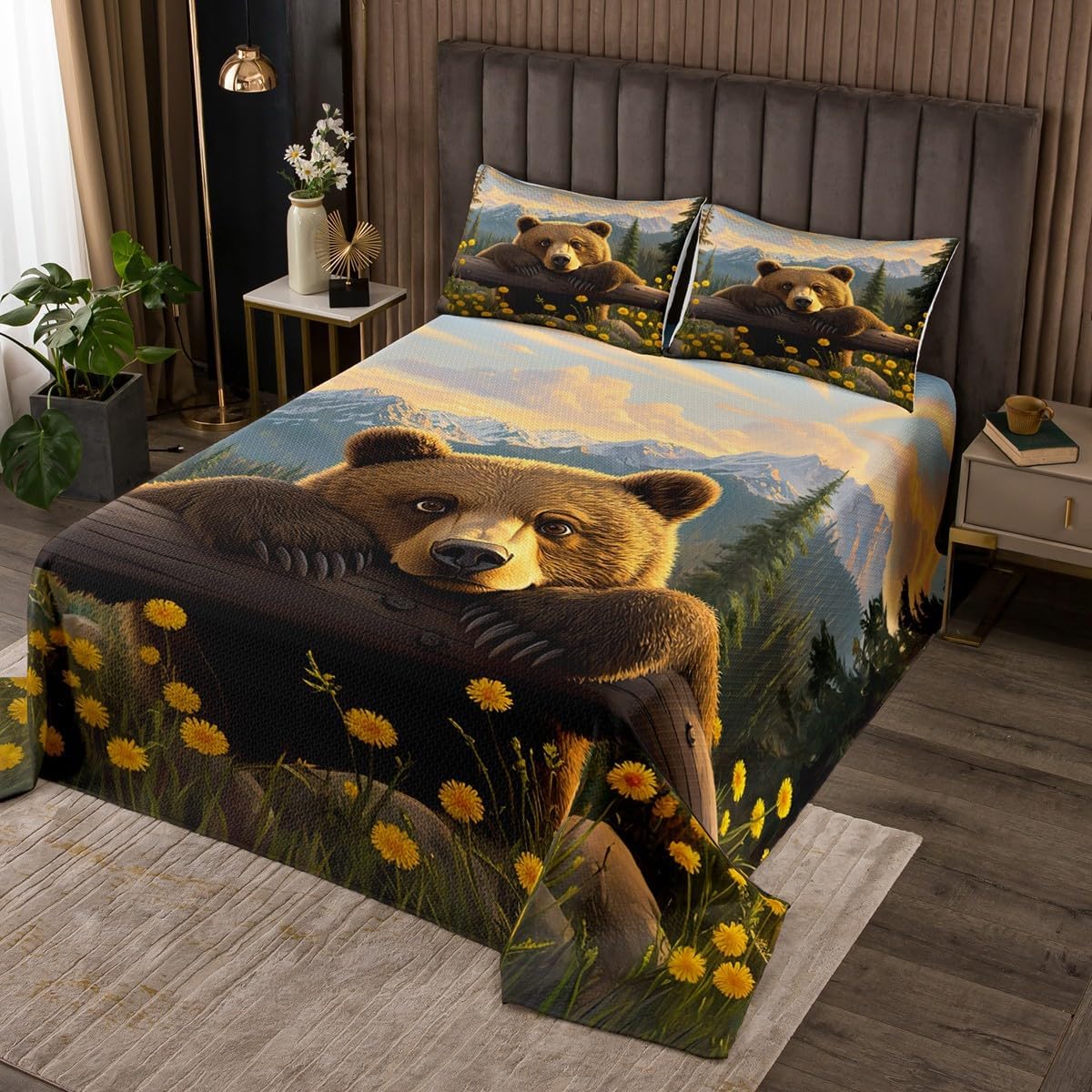 Erosebridal Rustic Bear Bedspread Set King Woodland Animals Coverlet Set for Kids Adult | Cabin Lodge Decor Daisy Wildflowers Cottagecore Bedding Set Nature Mountain Trees Hunting Theme Bed Set