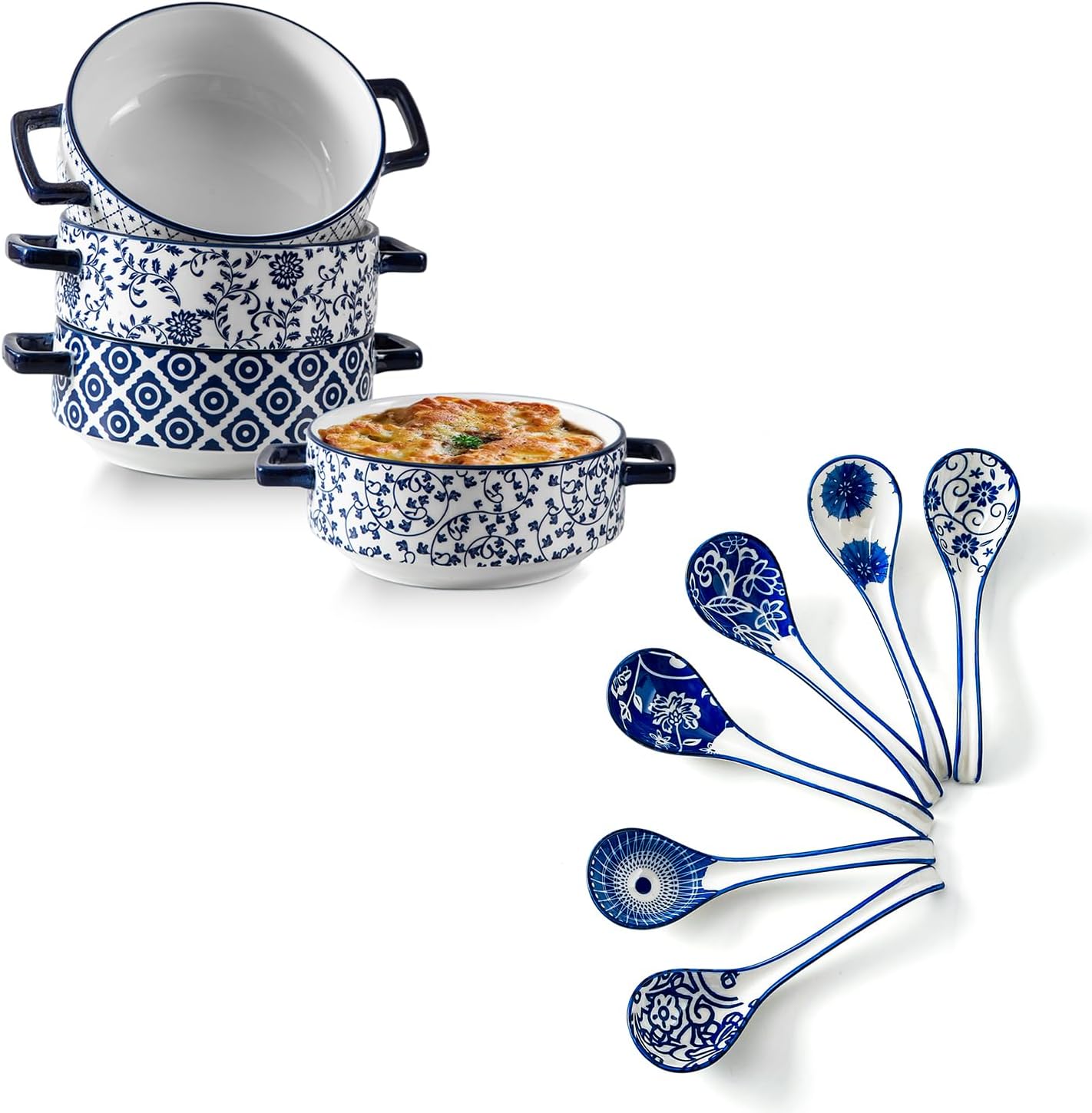 10 Pieces Ceramic Dinnerware - 24 Oz Soup Bowls with Handles and 6.3 Inch Soup Spoons - Service for 4 - Vintage Blue