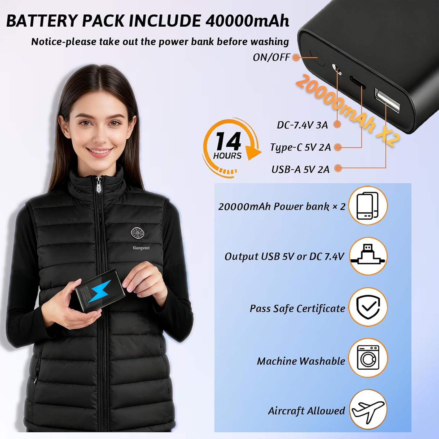 Women Heated Vest with 2 Pcs 20000mAh/7.4 V Battery Pack, Lightweigh Heating Vest for Women 21 Heating Zones - Image 4