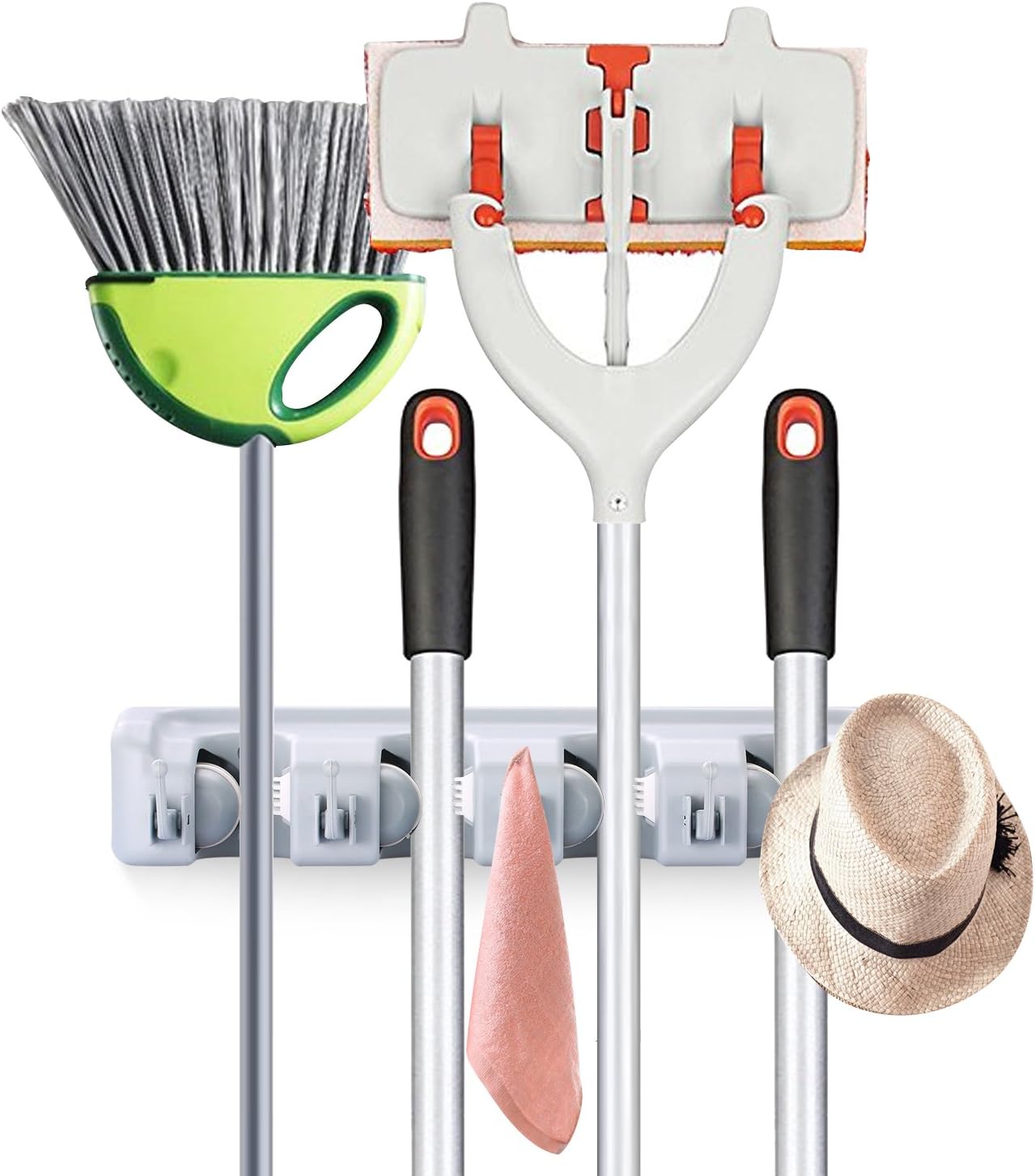 JIAXIN Mop and Broom Holder and Garden Tool Organizer, Multipurpose Wall Closet Mounted 4 Ball Slots with 5 hooks Storage Rack no Sliding Ideal Broom Hanger for Kitchen Garden Garage pantry