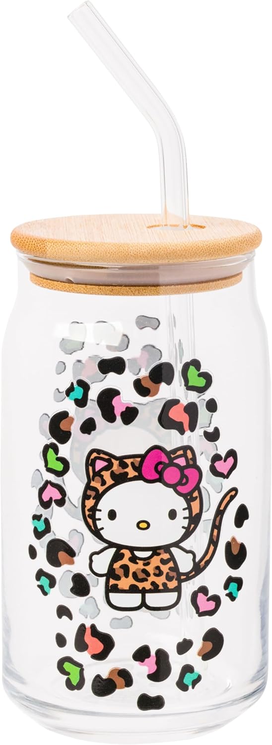 Silver Buffalo Sanrio Hello Kitty Leopard Print Glass Tumbler with Bamboo Lid and Glass Straw, 16 Ounces - Image 2