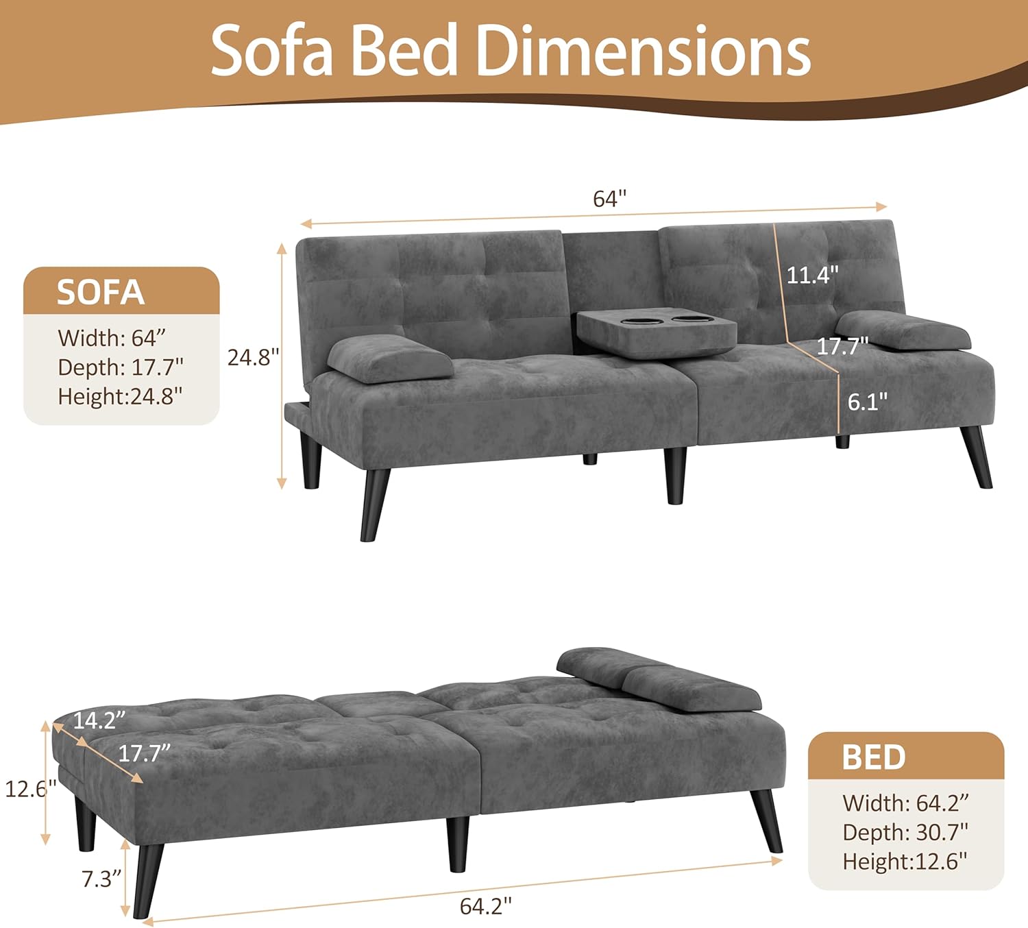 JAMFLY Futon Sofa Bed, 64" Small Futon Couch with Adjustable Backrest, 3-Angle Recliner, Detachable Armrests with Cup Holders for Small Spaces, Living Room, Office, Apartment, Study Room (Dark Grey)
