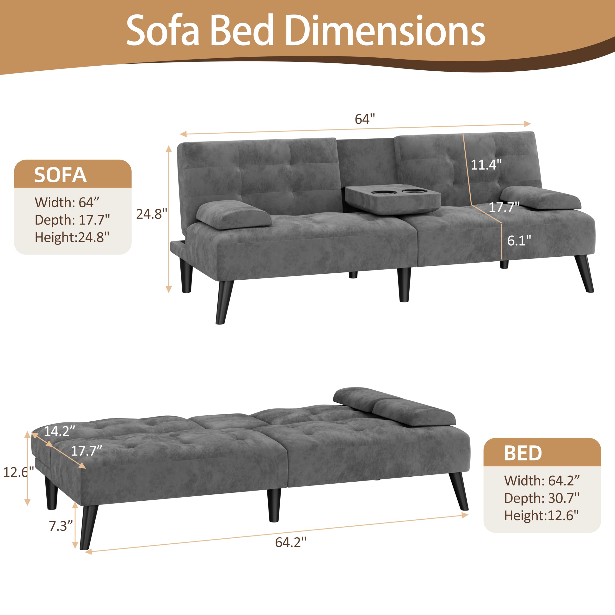 Futon Sofa Bed, 64" Small Futon Couch with Adjustable Backrest, 3-Angle Recliner, Detachable Armrests with Cup Holders for Small Spaces (Dark Grey Velvet)