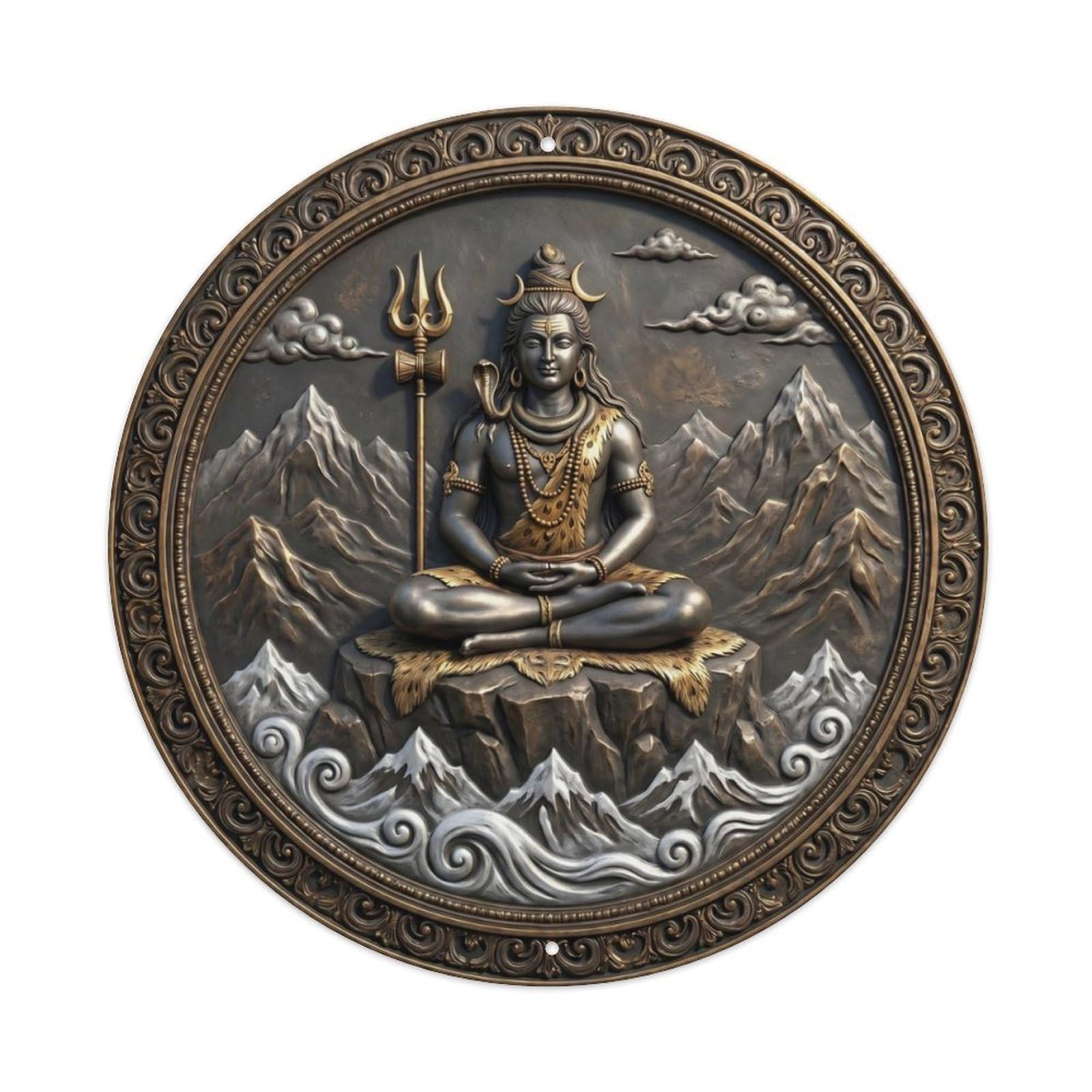 Fqcyn Style Hindu Deity Shiva Mountain Rock Himalaya Peak Relief Sculpture Metal Tin Sign Plaque Wall Decor For Cafe, Club Bar, Office, Home Garden Round Metal Poster 8X8inch