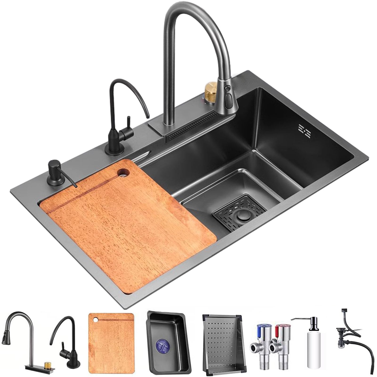 WIQUYBML Black Kitchen Sink, Flying Rain Waterfall Sink,304 Stainless Steel Bar Home Sink Vegetable Basin Single Drop-in Workstation (Color : A, Size 75x45cm)