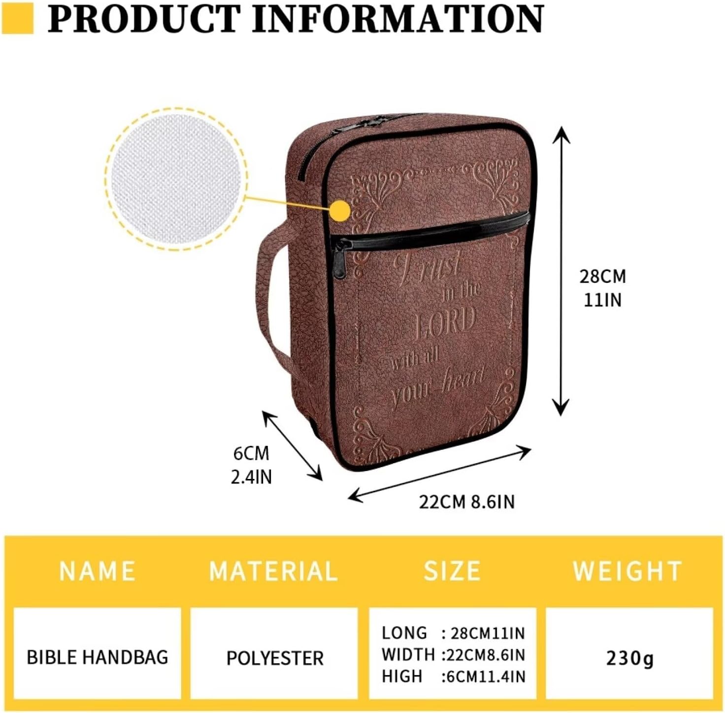 COEQINE Brown Bible Cover Case for Men,Trust In The Lord With All Your Heart Bible Carrying Case for Travel Bible Cover Carrier Carrying Organizer Bag, Zipper and Pockets