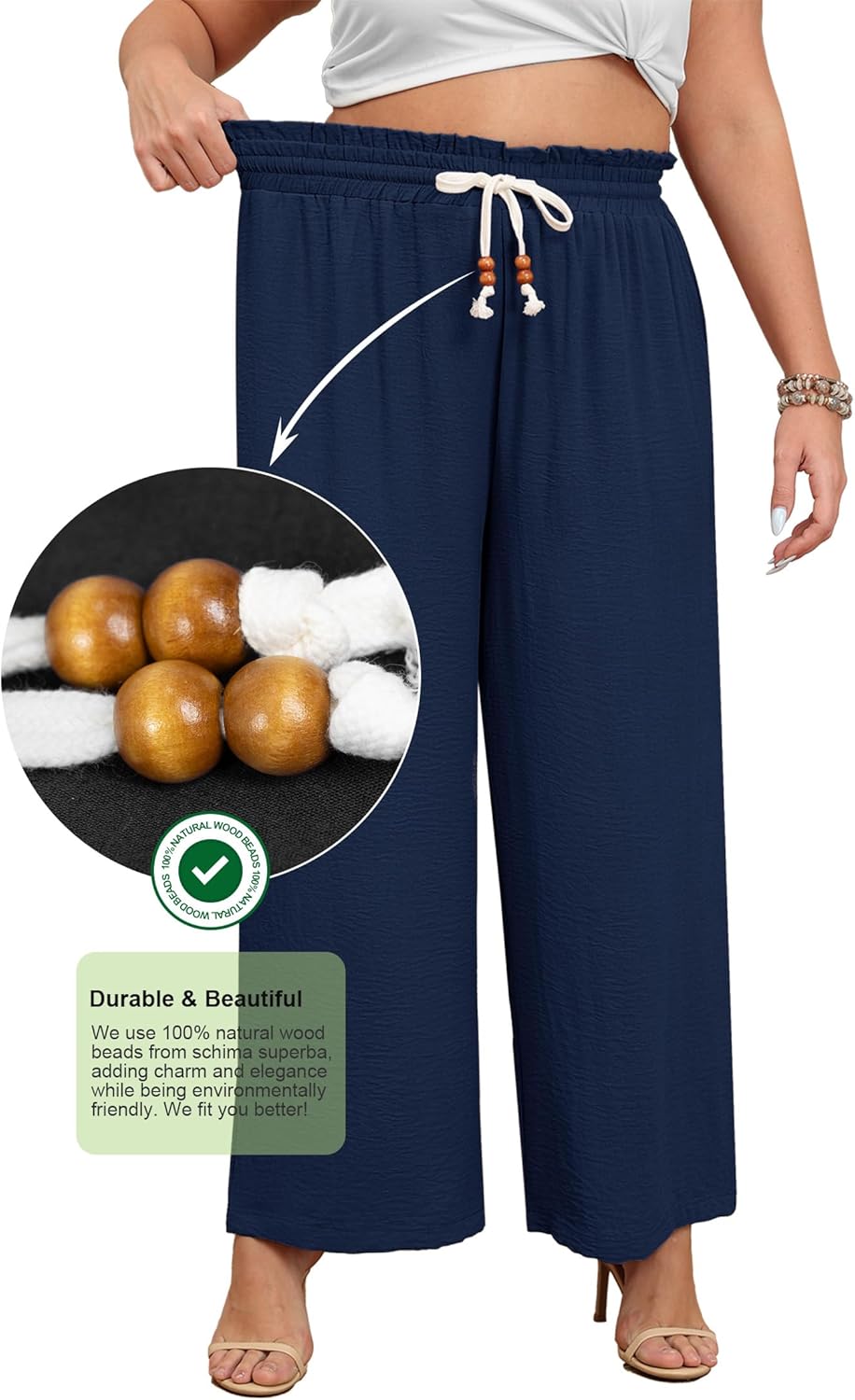 Lastshe Plus Size Wide Leg Pants for Women Elastic High Waisted Drawstring Loose Lounge Long Palazzo Trousers with Pockets - Image 4