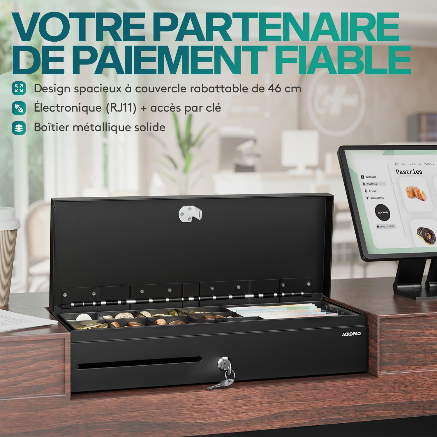 ACROPAQ Tiroir caisse Fliptop - Compatible avec caisse enregistreuse RJ11, 6 compartiments monnaie & 8 billets, Insert amovible, (46 x 18 x 10 cm) Boîtier en métal robuste - Caisse