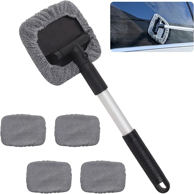 Jetisva Retractable Car Windscreen Cleaner Tool Car Window Cleaner Inside Kit with 4pcs Washable Microfiber Cloth 180°Rotating Car Windshield Cleanning Wiper Car Glass Cleaner Brush for Auto SUV