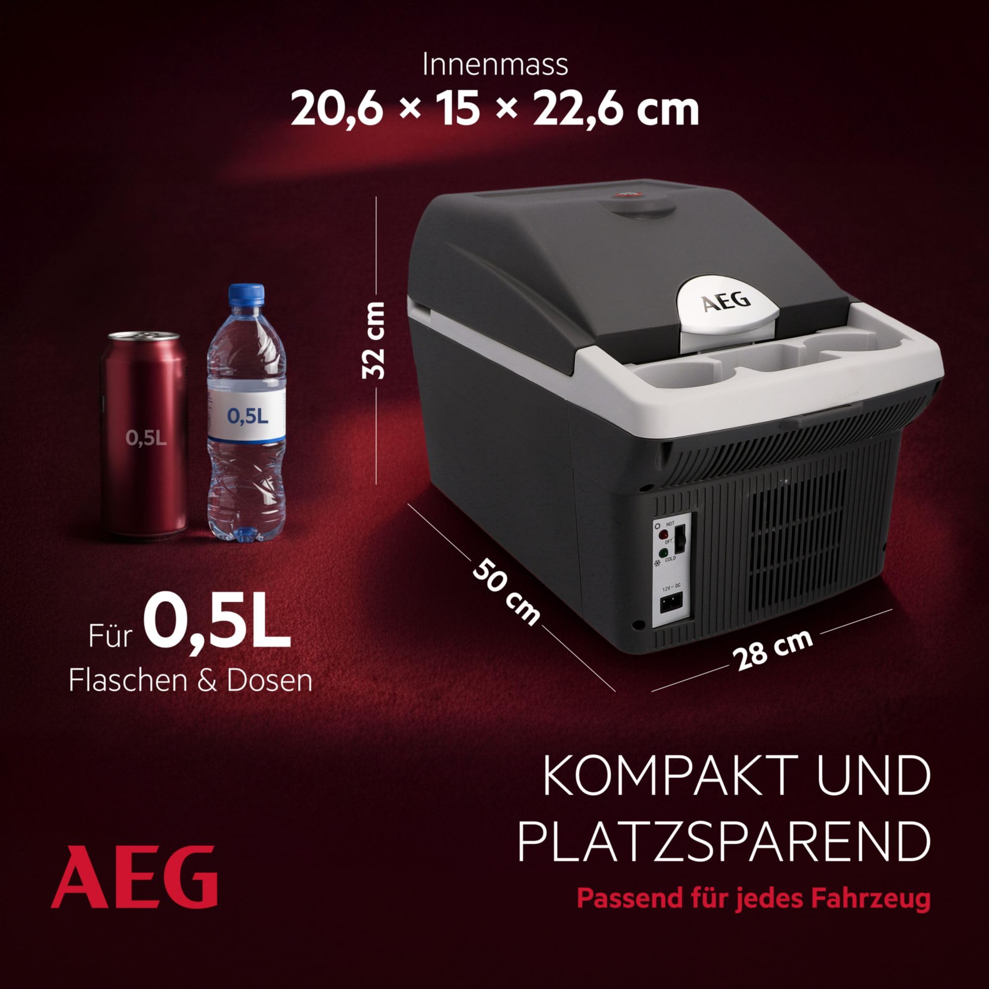 AEG Automotive Board-Bar BK 16 Thermoelektrische Kühl- und Warmhaltebox 16 Liter, 12 Volt für Auto und Steckdose, anschnallbar im PKW, Schwarz,hellgrau