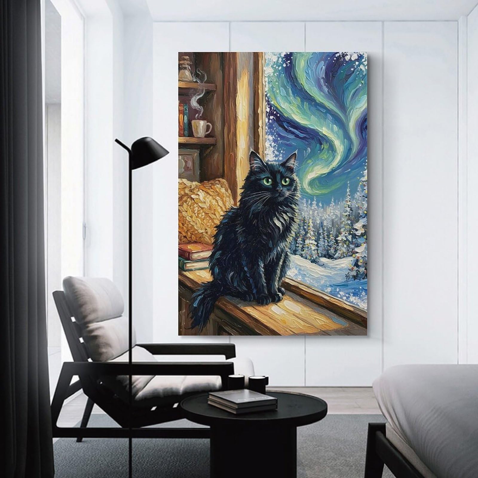 Junmoney Unframe-Style-21 Black Cat By Window With Aurora Room Decor Wall Art 24X36inch(60X90cm), For Entrance Walls, Hall Decor Or Foyers, A Neat Decor Update For Hallways