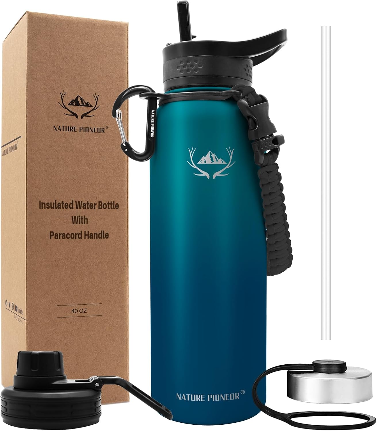 NATURE PIONEOR Insulated Water Bottles with Paracord Handle - 40 oz Vacuum Sports Wide Mouth Water Bottle with 3 Lids, Leak Proof Stainless Steel Keeps Hot and Cold