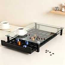 Porte-Capsules avec Tiroir et Plateau en Verre, 41x29x7 cm | Capacité 40 Capsules, Tiroir Coulissant, Plateau en Verre, Structure Métallique Noire, Compatible Nespresso