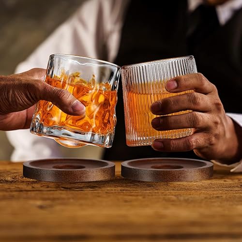 Miniatura 7 de Juego de 1 vasos de whisky giratorios a la antigua moda con posavasos creativos de nogal, regalos de whisky para hombres, marido, día del padre,