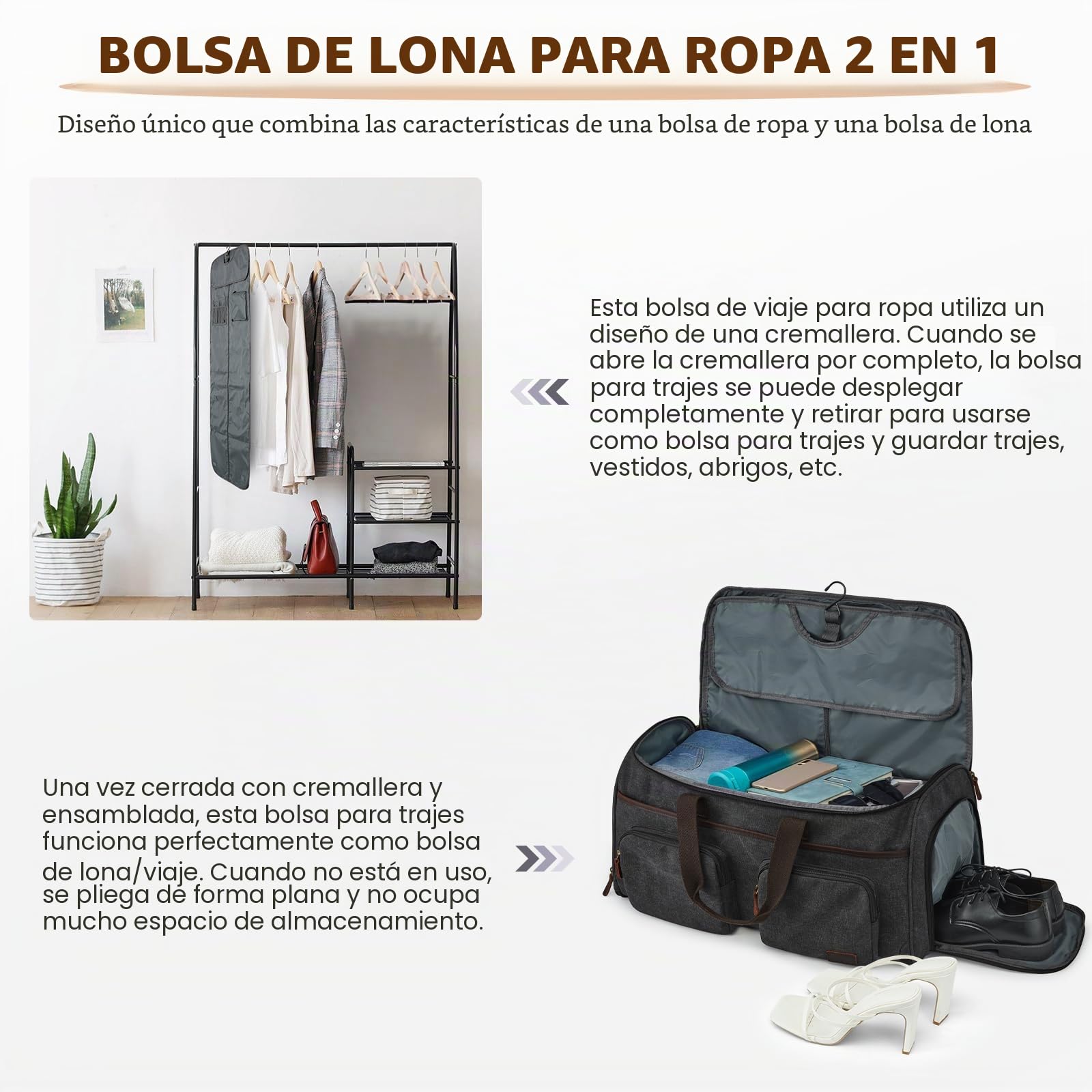 S-ZONE Bolsa de ropa para viajes, bolsa de viaje para hombres, bolsa de viaje convertible, bolsa de transporte para equipaje colgante, bolsa de viaje con bolsa de aseo