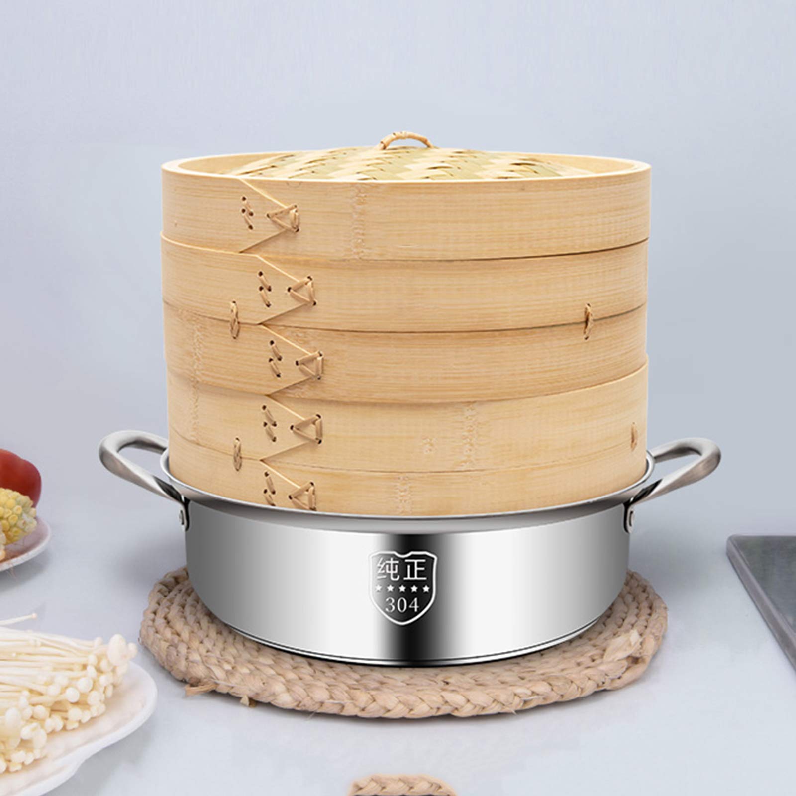 Cestino per La Cottura A Vapore in Bambùper Cucinare,Vaporiere Cinesi A 3 Livellicon Pentola E Coperchio in Acciaio Inossidabile,Perfetto per Riso, Verdure, Carne, Pesce E Dim Sum