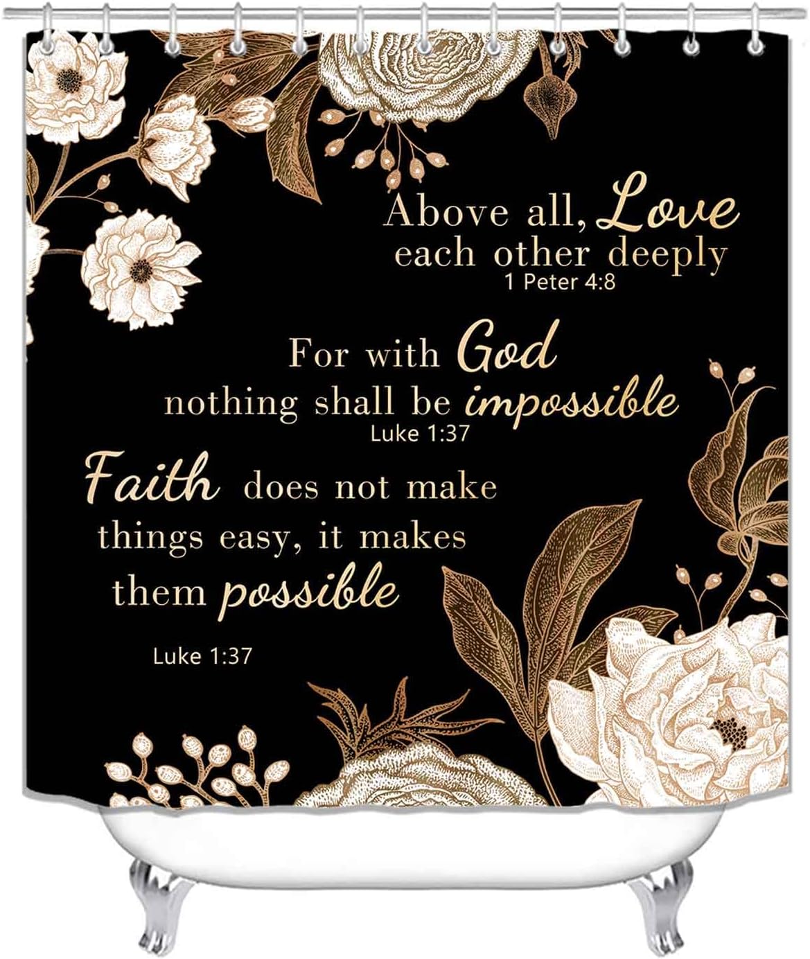 4PCS Inspirational Quotes Floral Shower Curtain Sets with Rugs, Waterproof Fabric Black Shower Curtain, Positive Motivational Word White Peony Flower Blossom Gold Plant Women Bathroom Decor