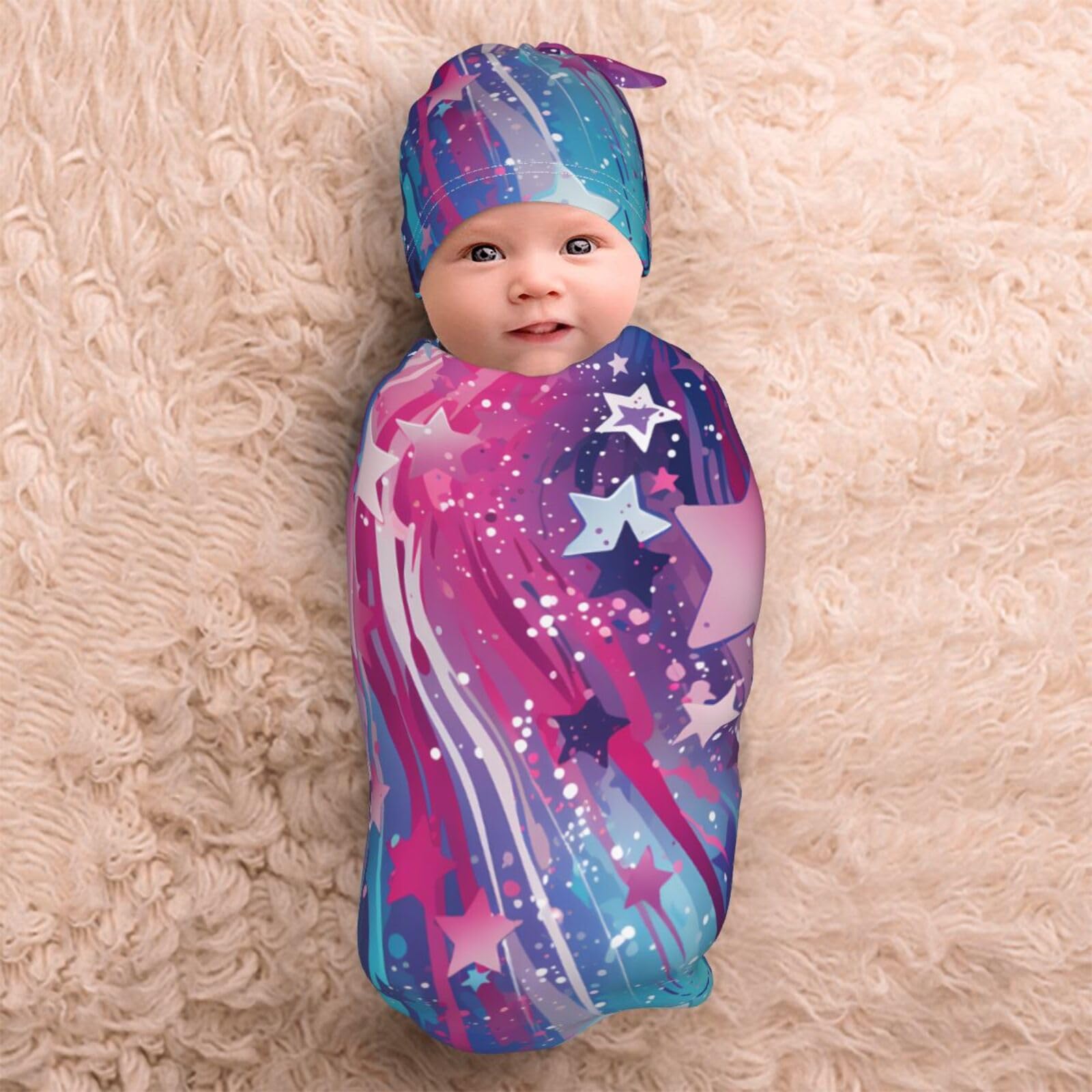 3D Stars zestaw koców i kapeluszy dla noworodków, przytulna chusta dla niemowląt, malucha, komfort, 29 x 53 cm