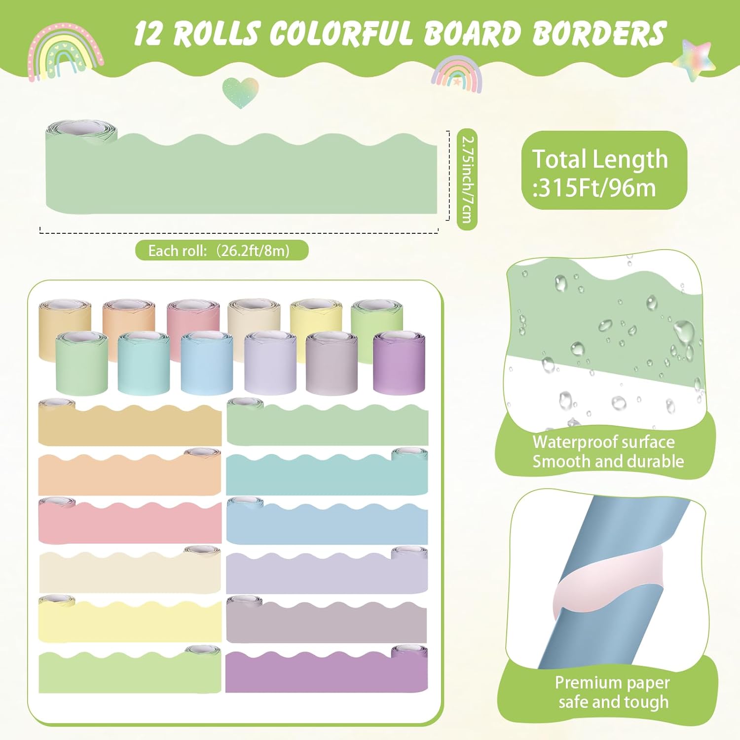 Zhanmai 12 Rolls Classroom Bulletin Board Border Sets, 315ft Colorful Borders for Bulletin Board Scalloped Trim Decoration for Fall School Office Chalkboard Whiteboard Poster Decor(Pastel Color)