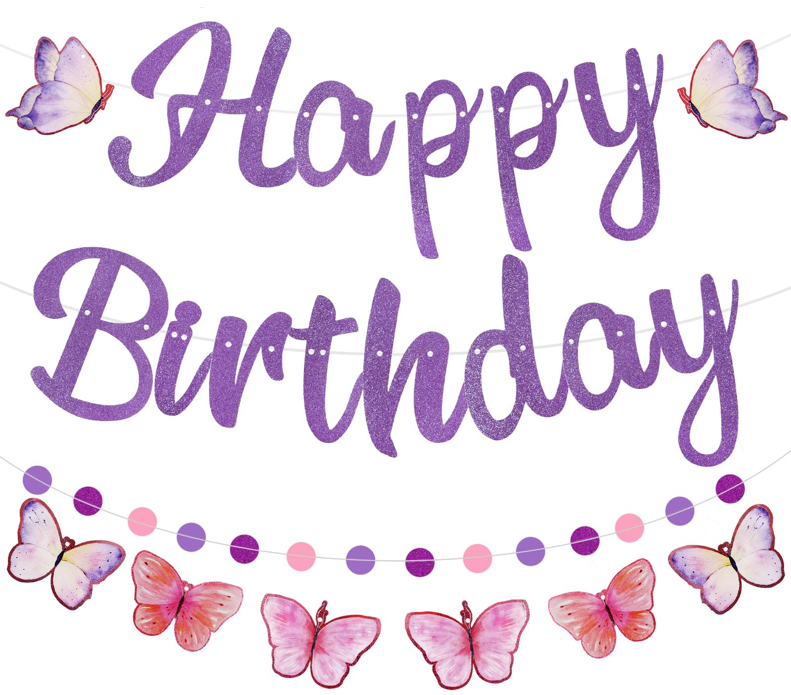 Danadia Purple Birthday Decorations, Pre-Strung Happy Birthday Banner with Butterflies and Circle Dot Garland, NO DIY Butterfly Party Decorations for Women Girls Men Boys